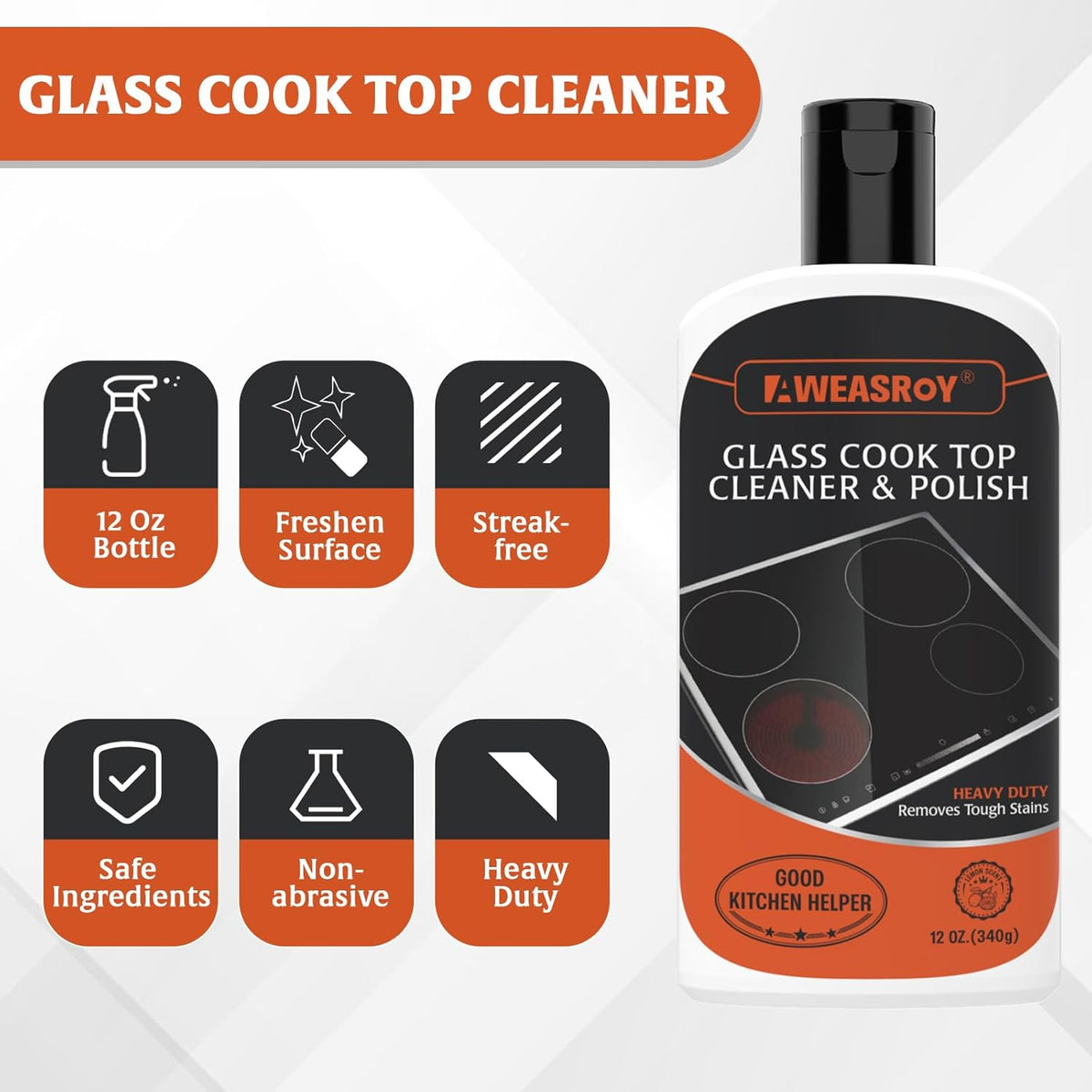Glass Stove Top Cleaner Kit 12 oz, Cooktop Cleaner and Polish Non-Abrasive No Scratch Removes Tough