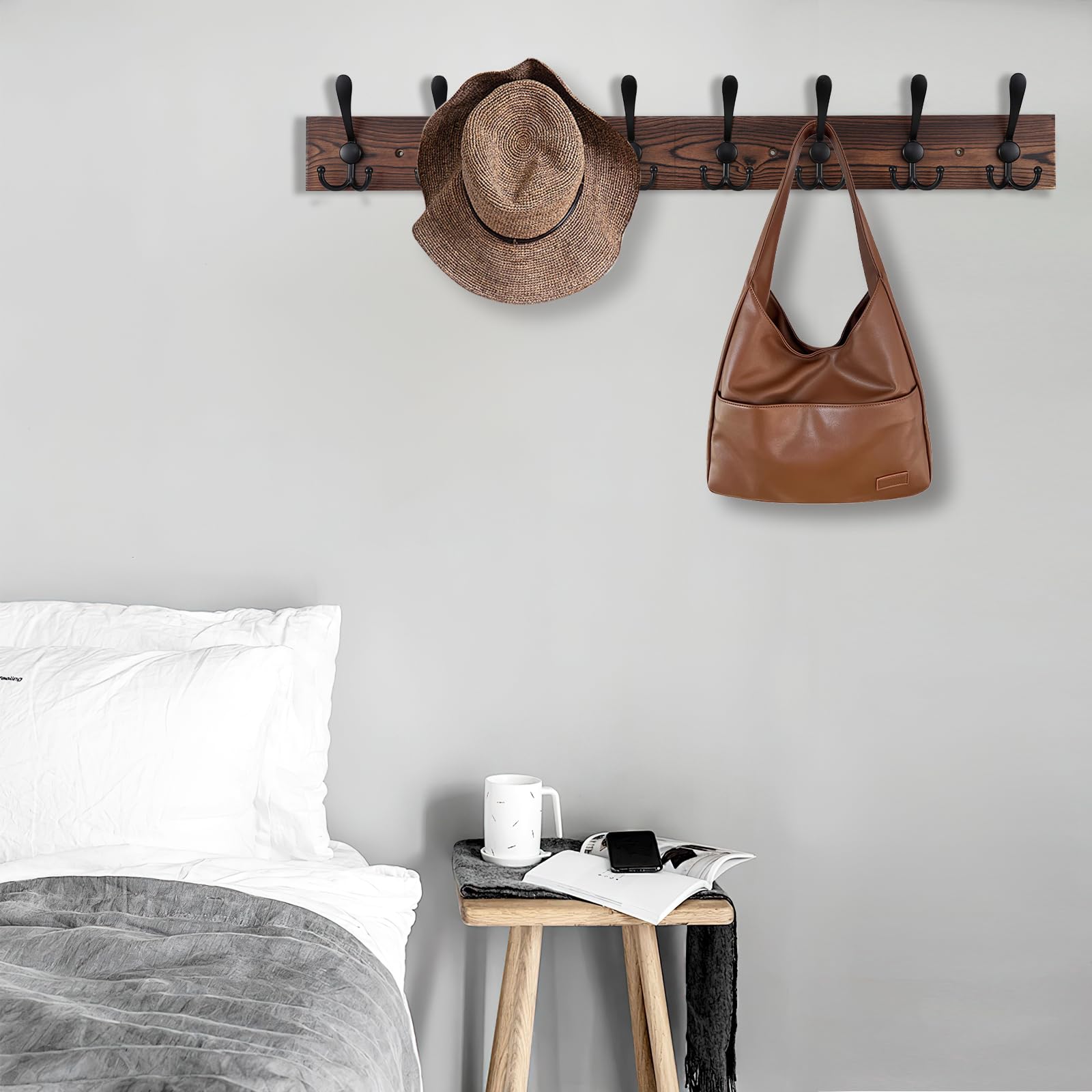 Kuhome 32.2'' Large Coat Rack Wall Mount Coat Hooks Coat Hanger with 8 Metal Black Triple- Hooks