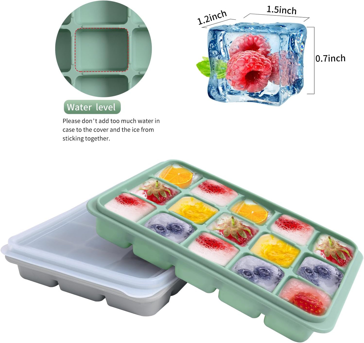 Ice Cube Trays Set of 2, Easy Release 15 Flexible Silicone Ice Cube Molds with Removable Lid