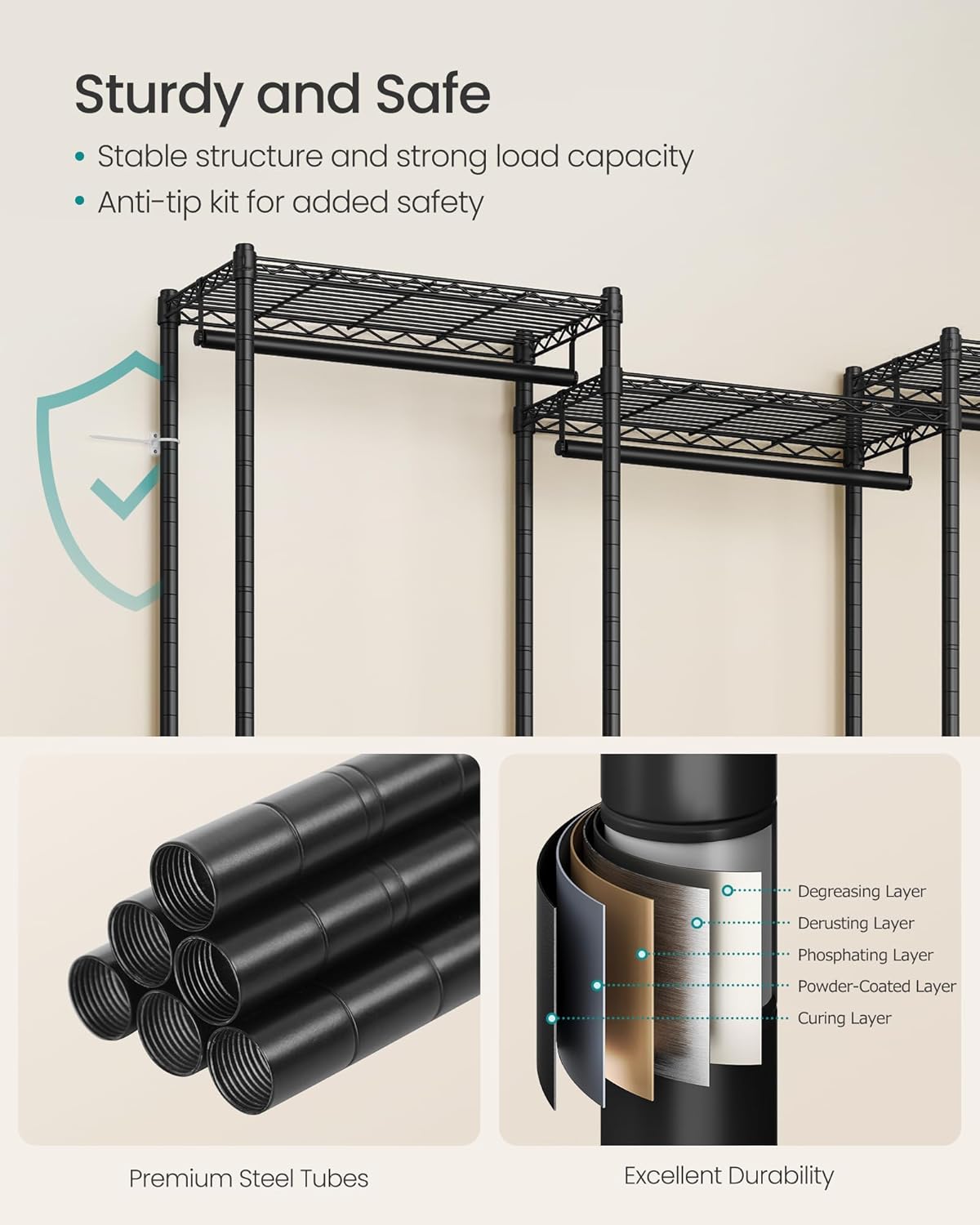 SONGMICS Heavy-Duty Clothes Rack, Garment Rack, Portable Closet, 56.9-Inch Wide Clothing Rack, with