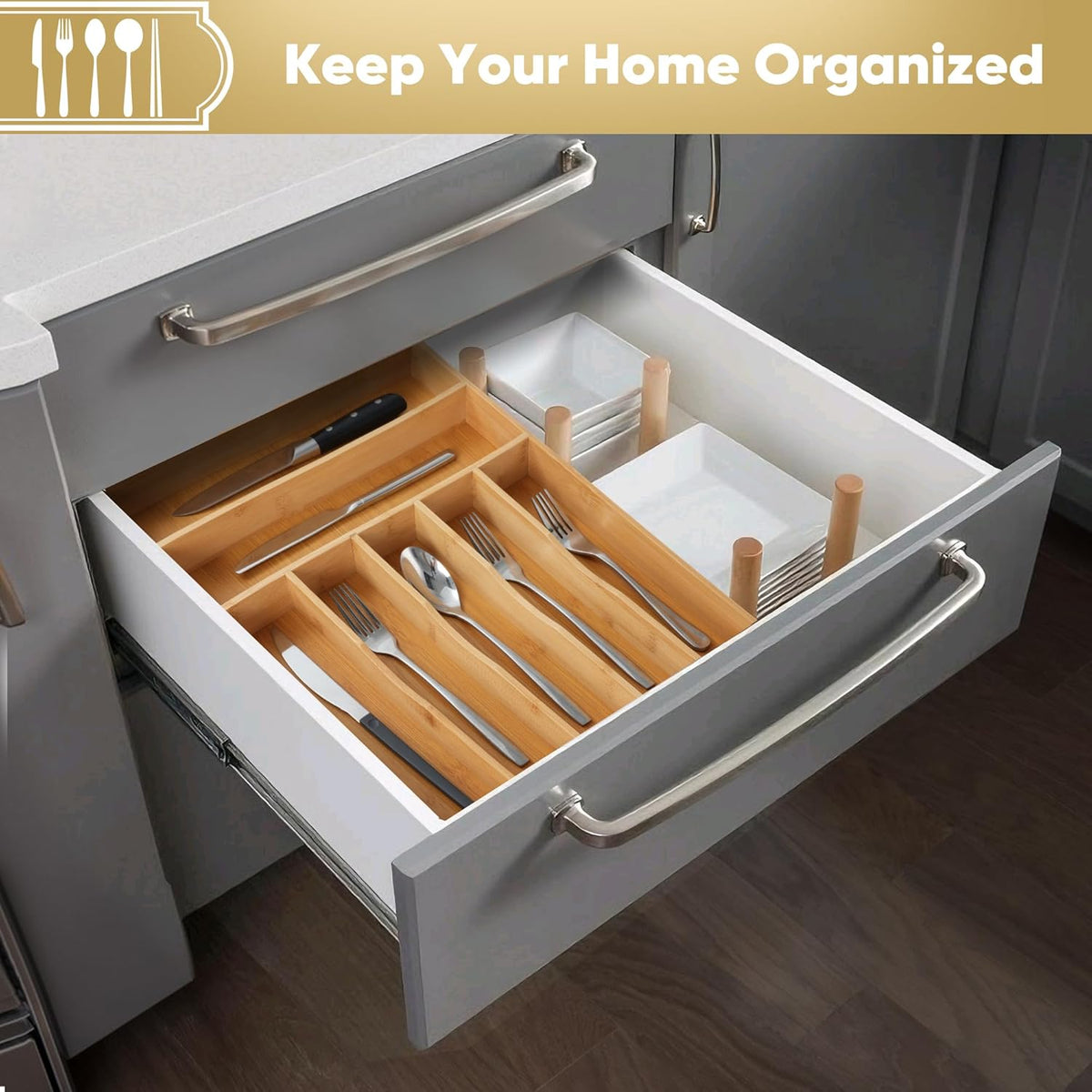 Silverware Organizer, 12.5 Inch Utensil Organizer Kitchen Drawer Organizer Bamboo Silverware Holder