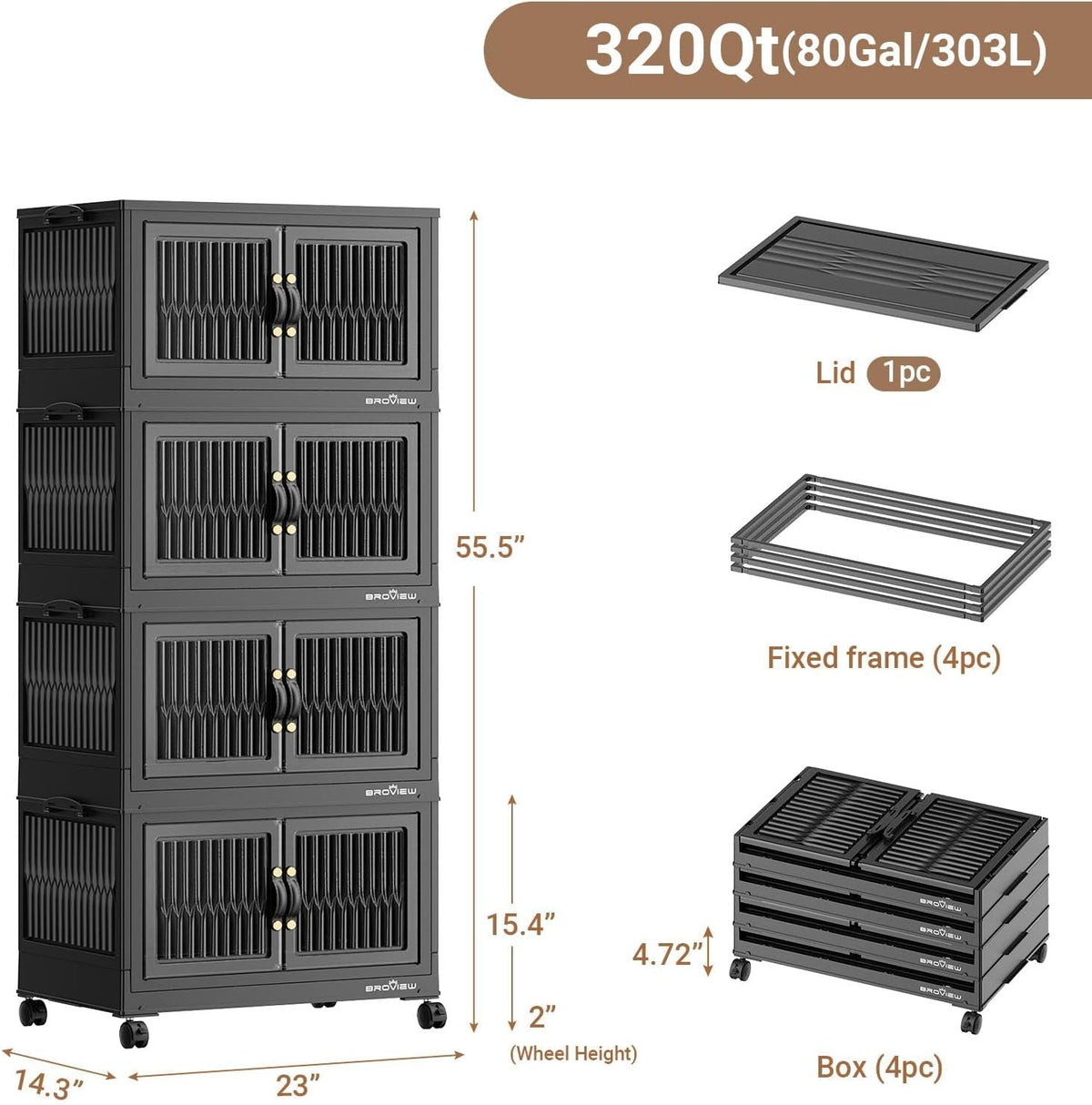 BROVIEW 320Qt Stackable Storage Bins with Lid, Extra Large Closet Organizer Collapsible Drawer