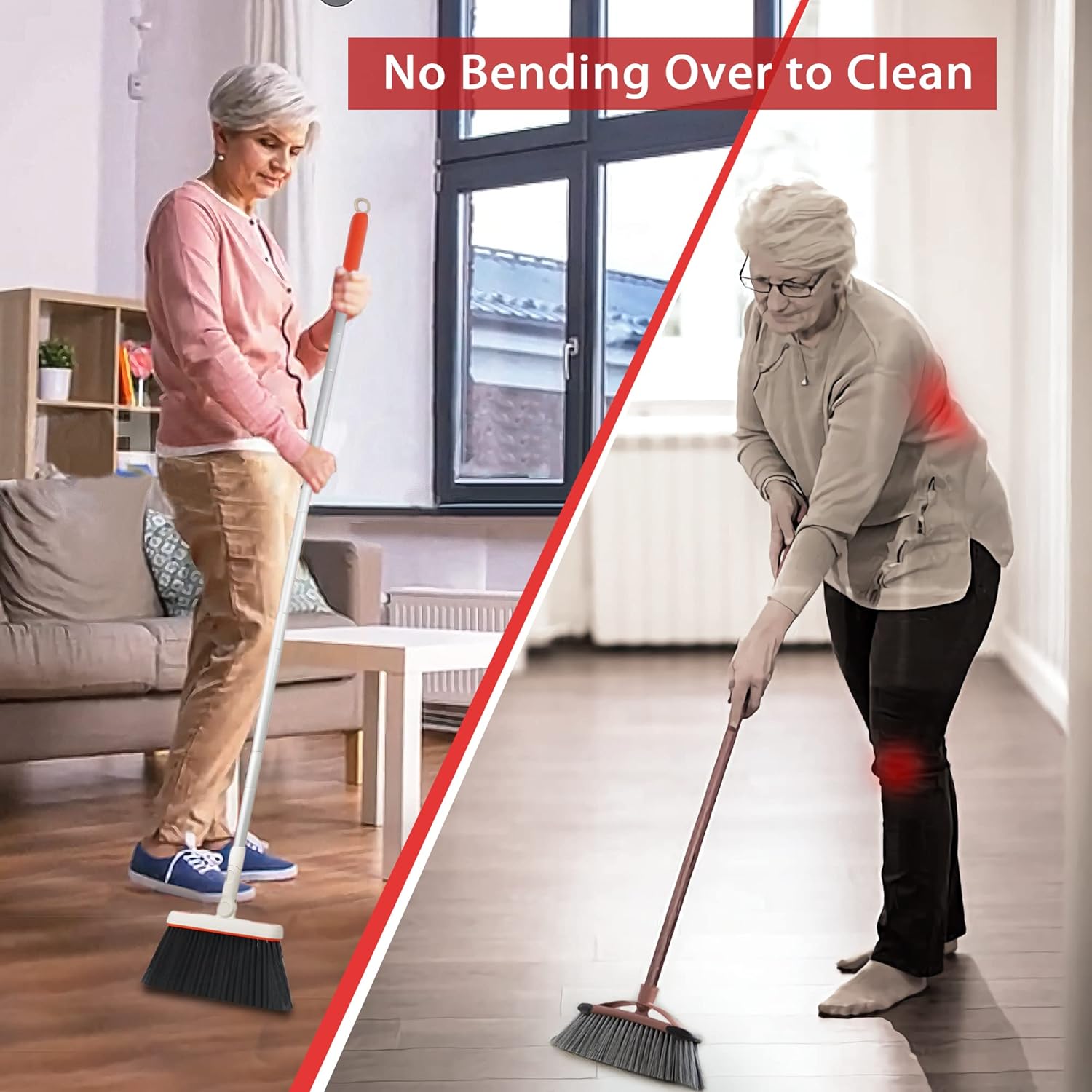 JEHONN Broom and Dustpan Set for Home, Long Handle Lightweight 180 Degree Rotating Broom Set