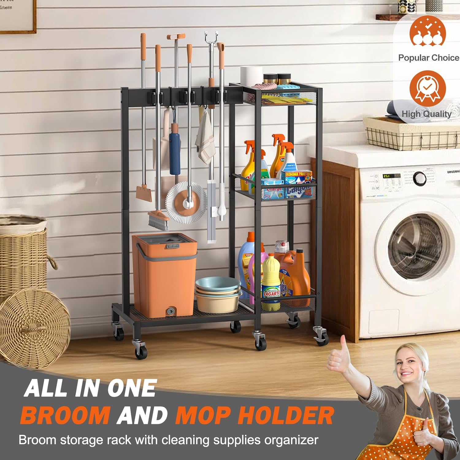 Broom Holder with Cleaning Supplies Organizer, Broom Closet Storage Cabinet with Cleaning Caddy