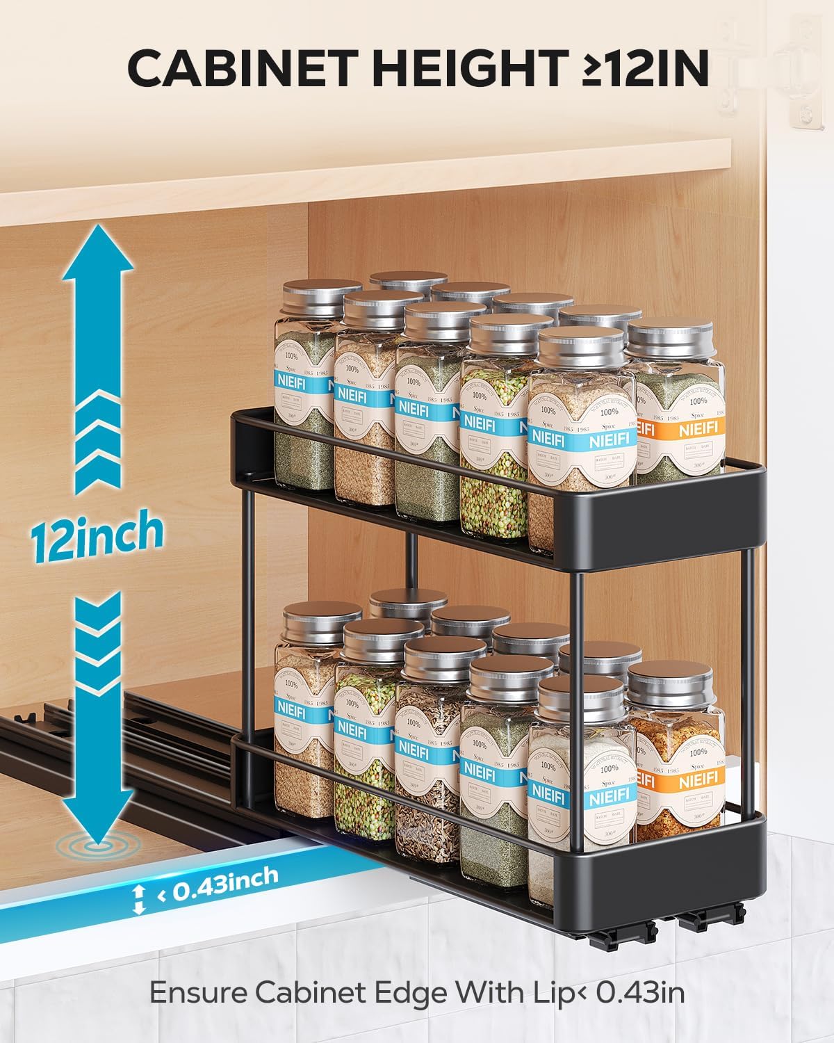 Nieifi Spice Rack Organizer for Cabinet, Vertical Spice Rack Pull Out, Easy to Install, Metal