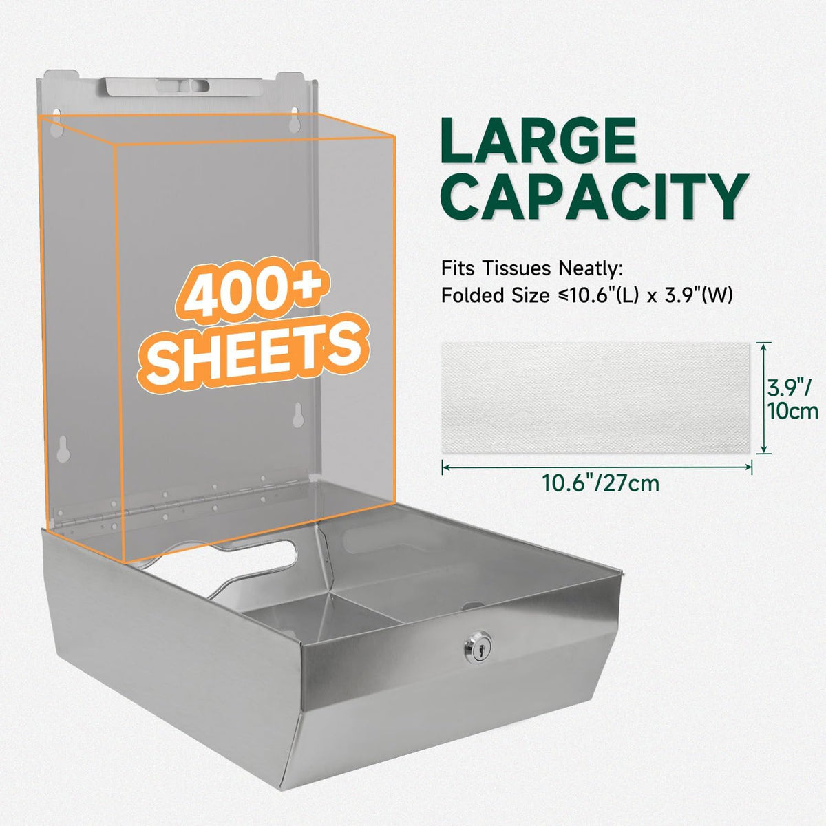 Commercial Paper Towel Dispenser Wall Mount 400-Sheet Capacity Brushed Stainless Steel Lockable