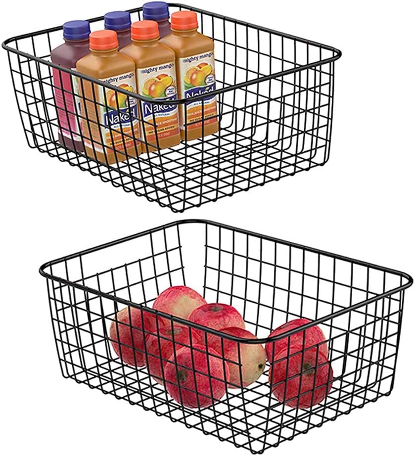 Metal Wire Food Storage Basket Organizer with Wooden Handles for Organizing Kitchen Cabinets, 2