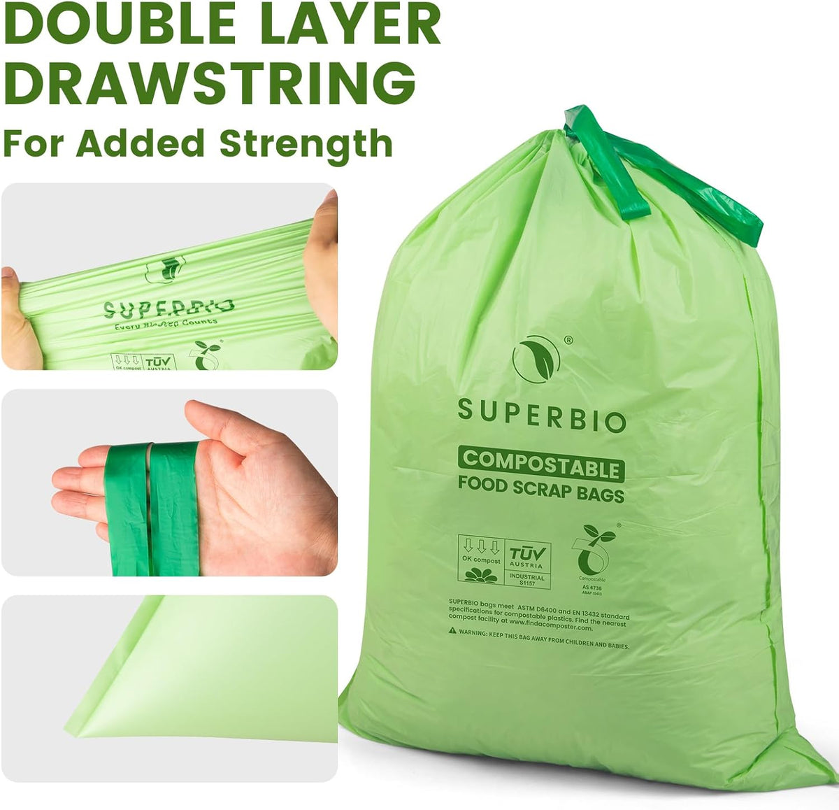 SUPERBIO 8 Gallon Compostable Drawstring Kitchen Waste Bags,30.3 Liter, 30 Count, 1 Mil,Heavy Duty