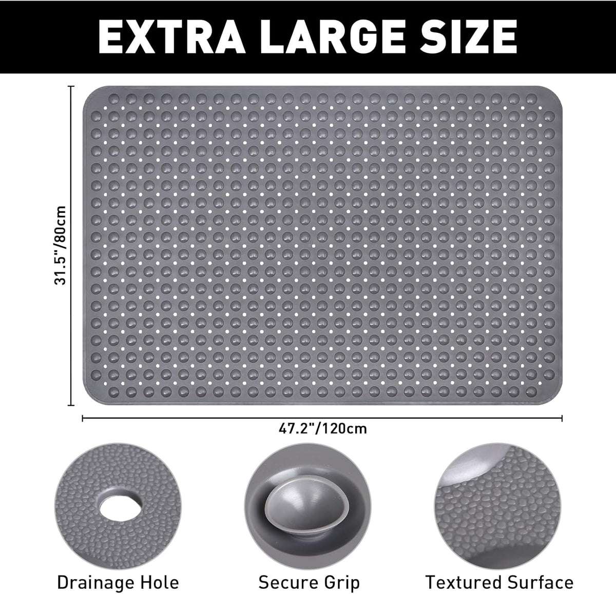 Shower Mat Non Slip: 47.2 x 31.5 Inch Extra Large TPE Shower Mats for Inside Shower - Anti Slip