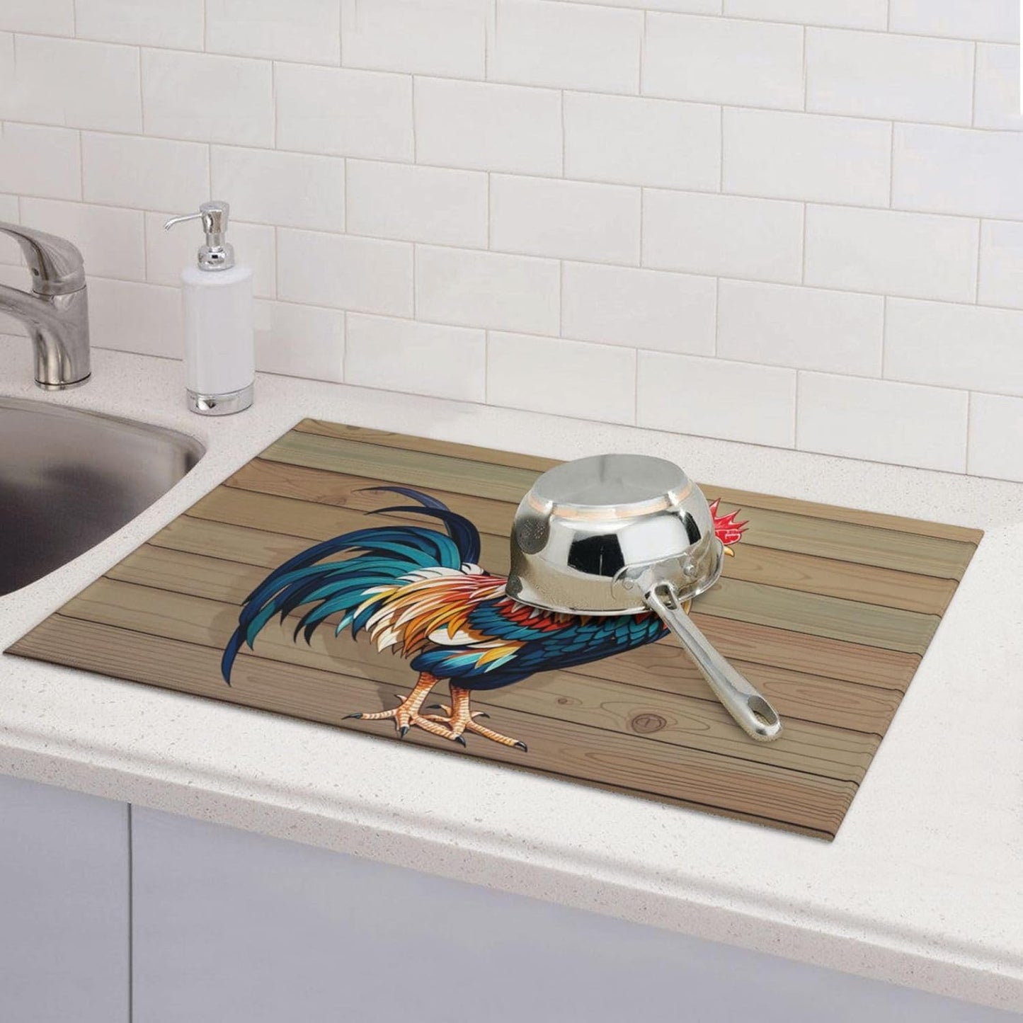 Rooster Dish Drying Mat Highly Absorbent Double-Sided Microfiber with Hanging Loop Reversible Drain