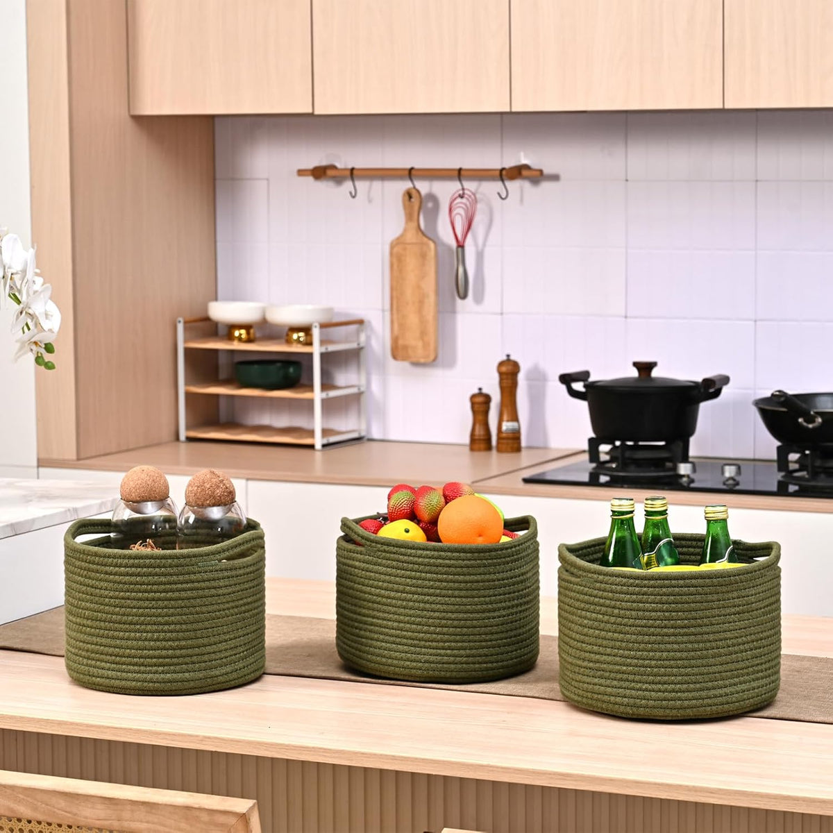 Small Storage Baskets for Organizing, Organizer Baskets for Shelves, Green Woven Basket for Storage