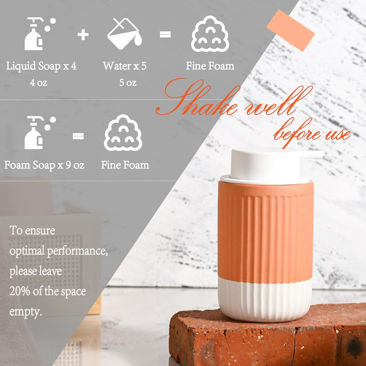 Hand Dipped Terracotta Ceramic Foam Soap Dispenser, 12 oz Rippled Bubble-Up Bottle with White
