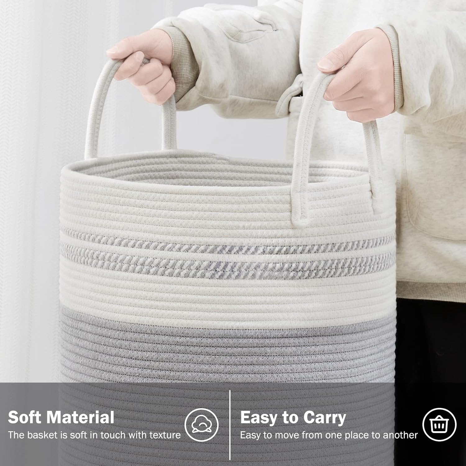YOUDENOVA Woven Rope Laundry Hamper Basket, 72L Tall Luandry Basket, Baby Nursery Hamper for