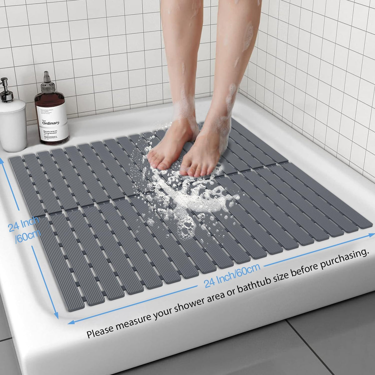 Shower Mat Non-Slip Bath Mat for Tub Floor & Stall with 200+ Suction Cups & Drain Holes, Quick Dry