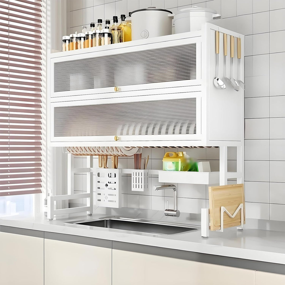 Dish Drying Rack 4 Tiers with Cover, Keep Kitchen Sink Shlef Organized Space-Saving, Large Drying