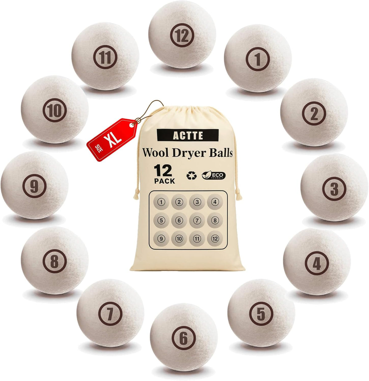 Sheep Wool Dryer Balls 12 Pack XL(2.7") Premium Natural Fabric Softener, Reusable Laundry Dryer