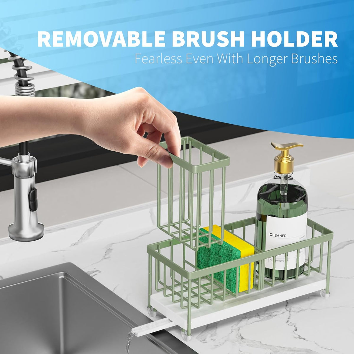 Cisily Sage Green Sponge Holder for Kitchen Sink, Sink Caddy Organizer with High Brush Holder