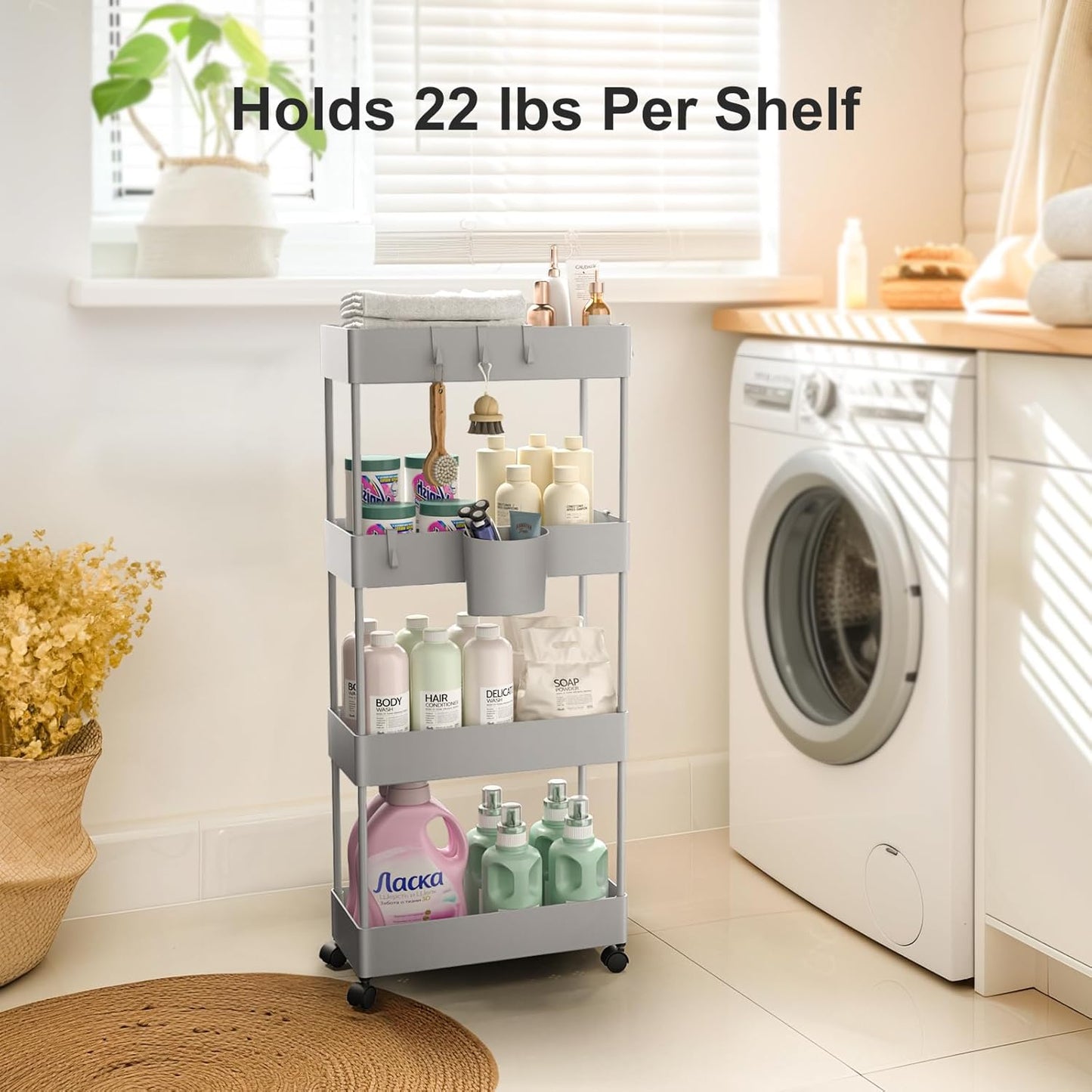 Pipishell Slim Storage Cart with Wheels, 4 Tier Bathroom Storage Organizer Rolling Utility Cart for