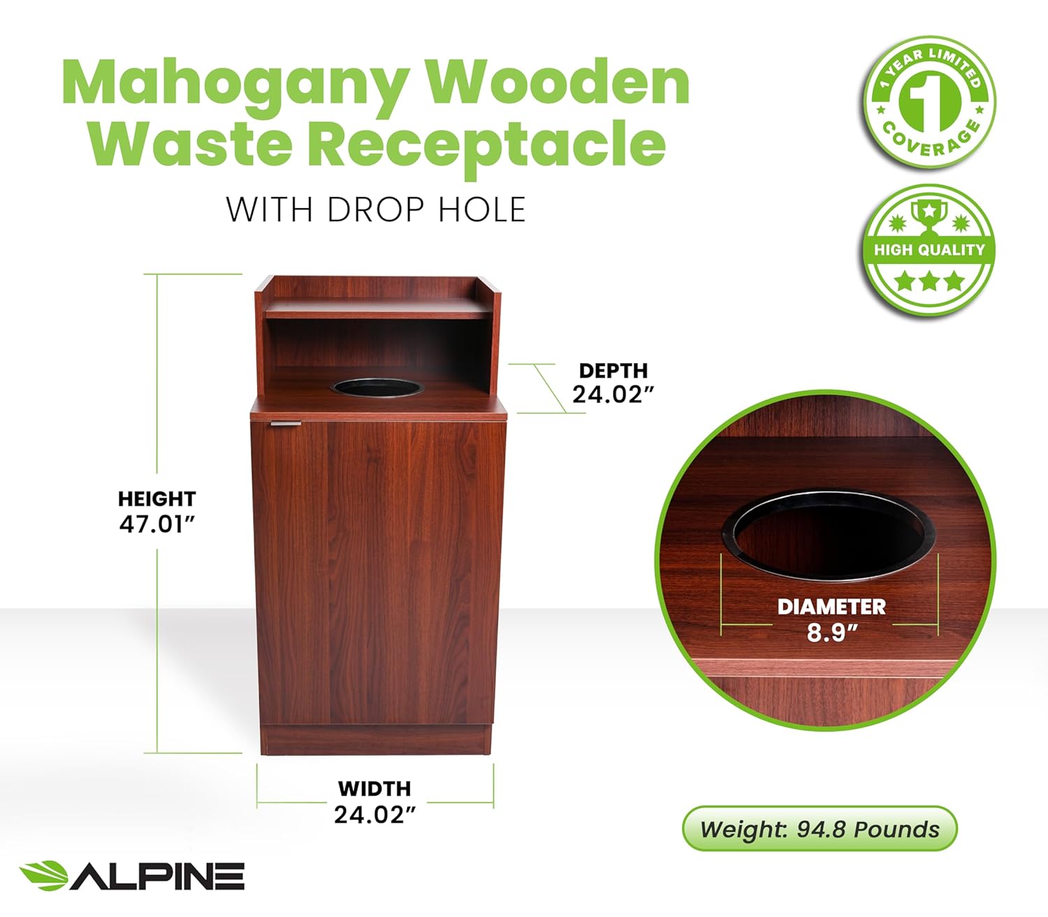 Alpine Restaurant Trash Bin Cabinet - Commercial Trash Can Garbage Receptacle Indoor with Tray