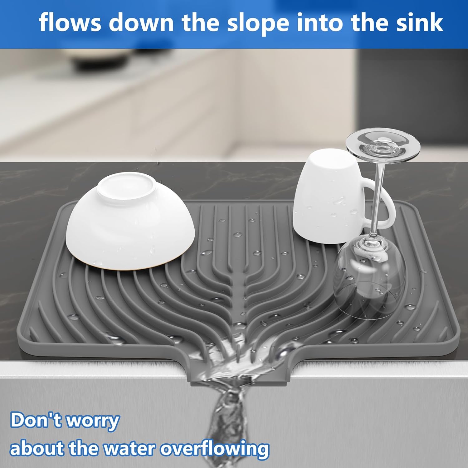 Dish Drying Matt for Kitchen Counter,18"×12"Silicone Dry Rack Mat with Built in Drain, Kitchen Dry