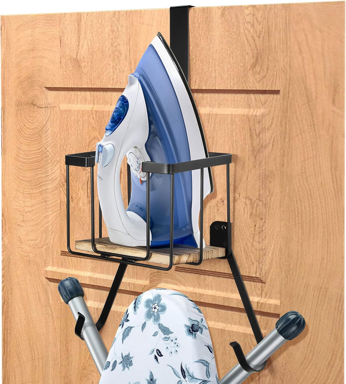 TJ.MOREE Wall Mount/Over The Door Ironing Board Holder with Large Storage Basket, Laundry Room Iron