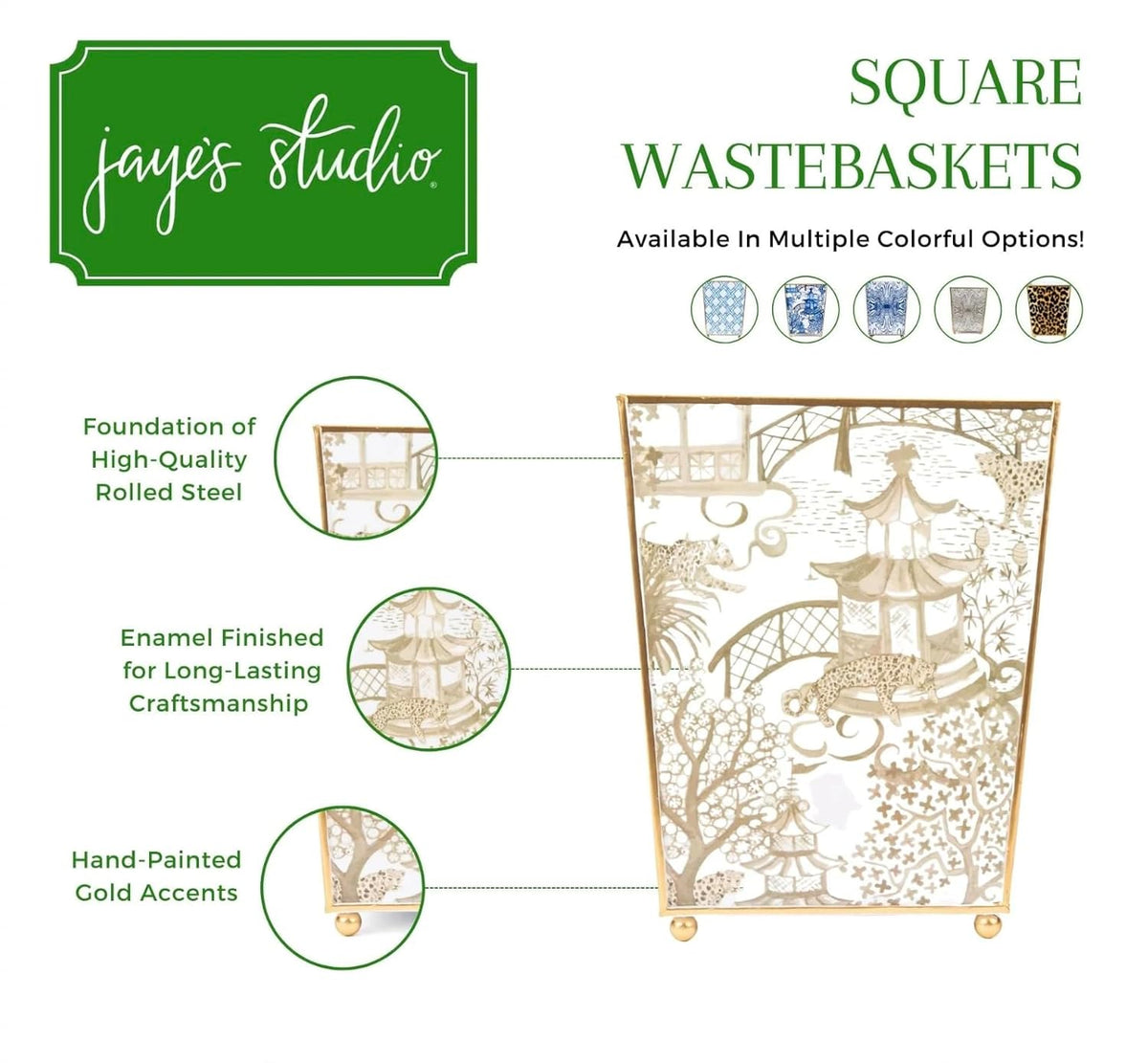 Jaye’s Studio Garden Party Decorative Gold Waste Basket for Bathroom Trash Can no Lid, Bedroom