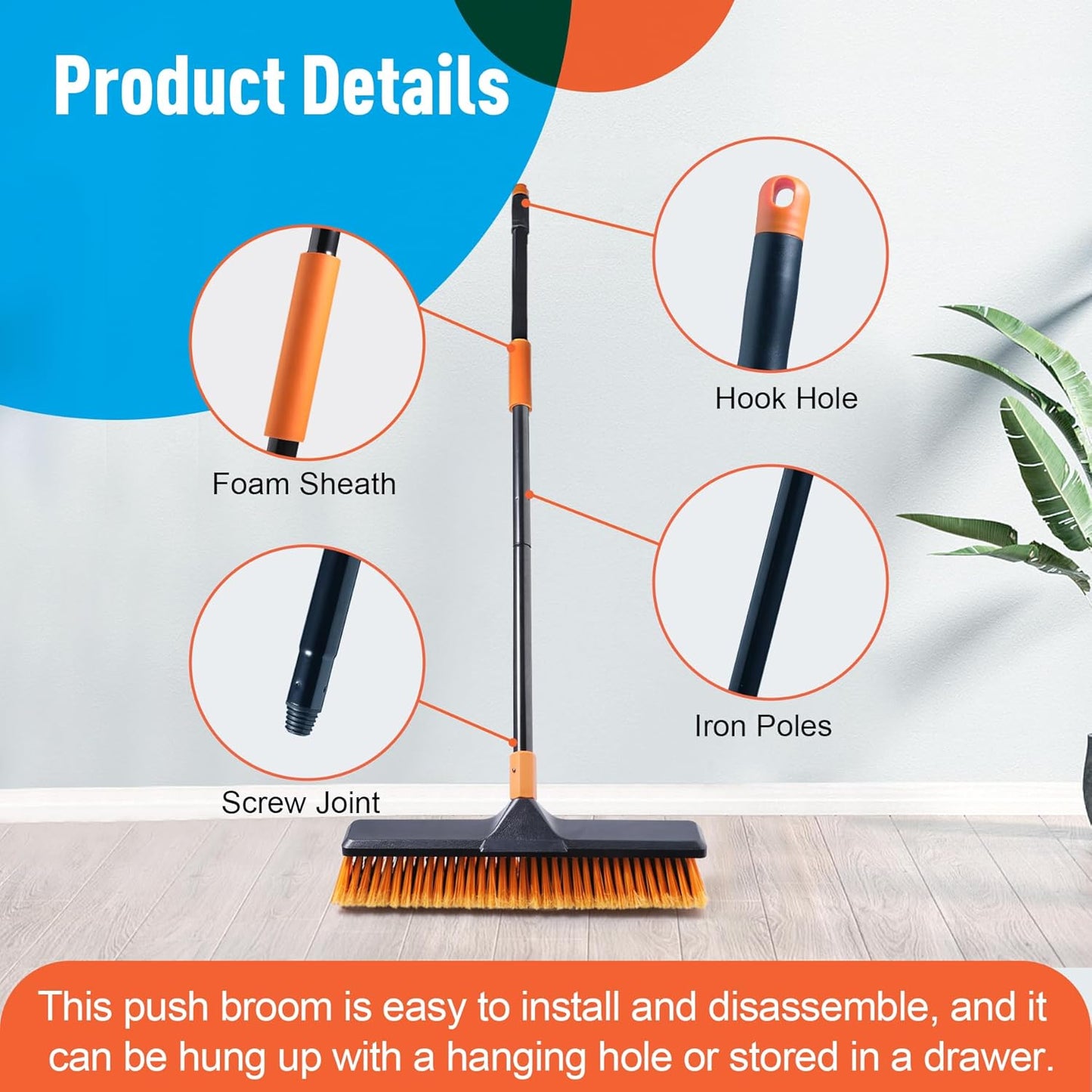 18" Push Broom Outdoor for Floor Cleaning with Extendable Long Handle, Stiff Bristle Heavy Duty