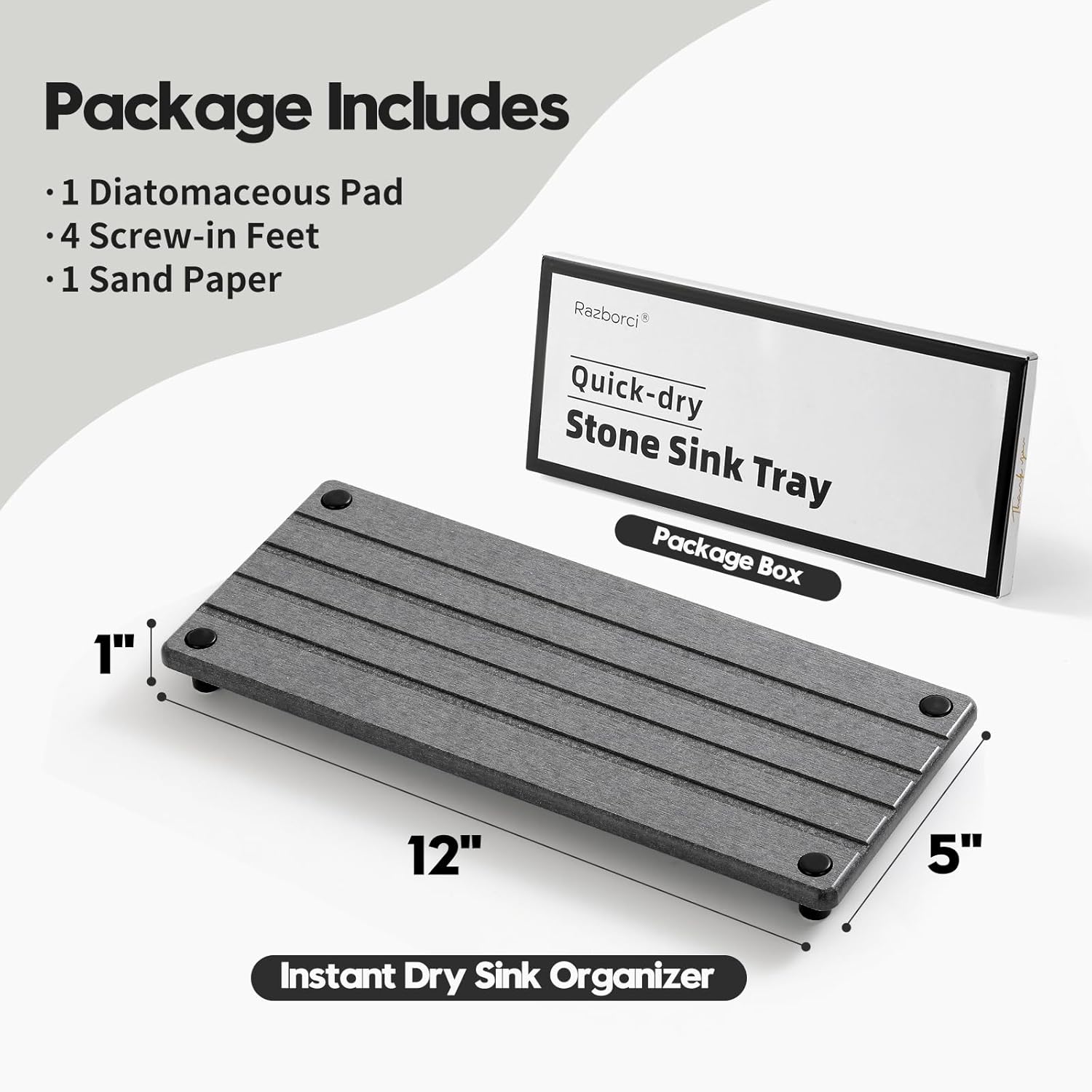 Instant Dry Sink Caddy Kitchen Sink Organizer, Quick Drying Stone Tray Diatomite Sponge Holder Soap