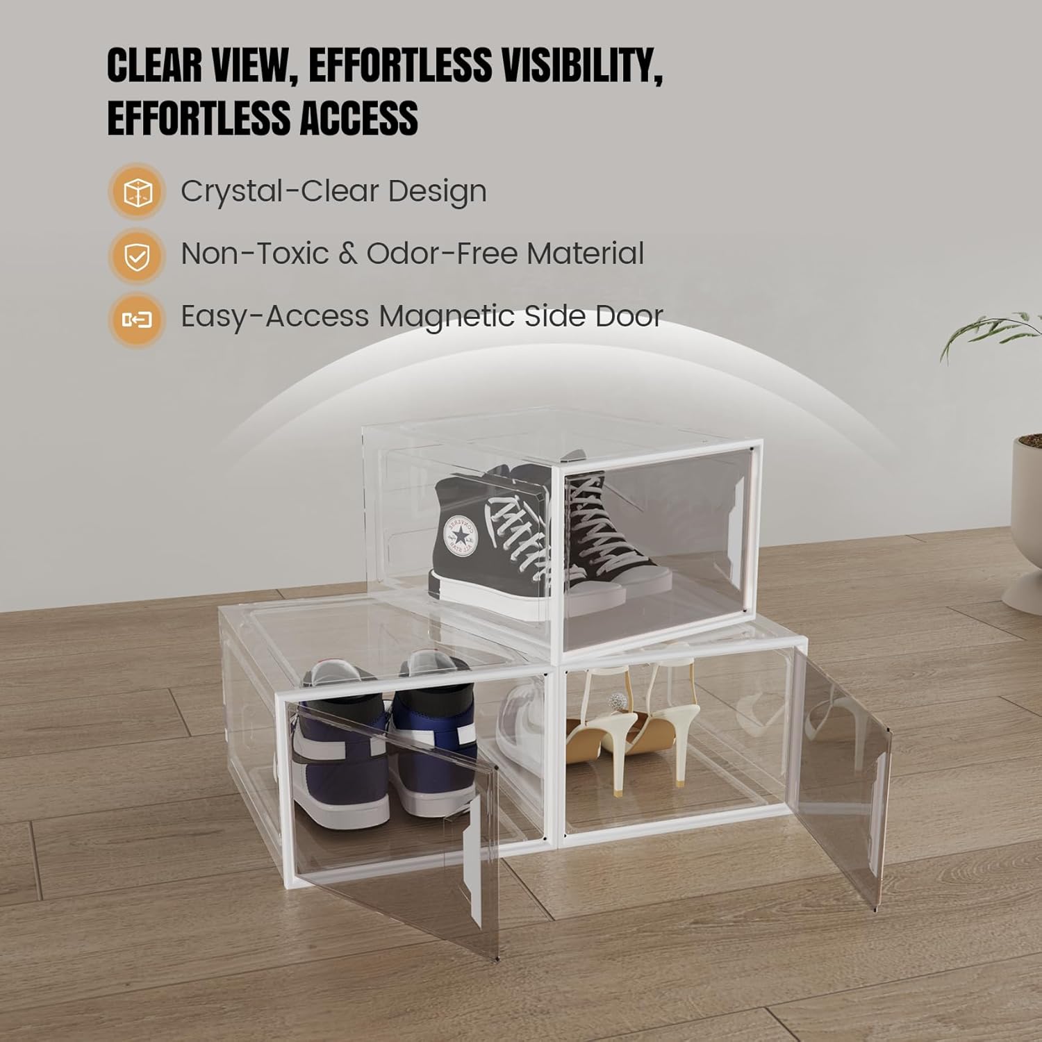 X-Large Stackable Shoe Boxes - Clear Plastic Shoe Storage Boxes with Magnetic Door, Thicken Shoe