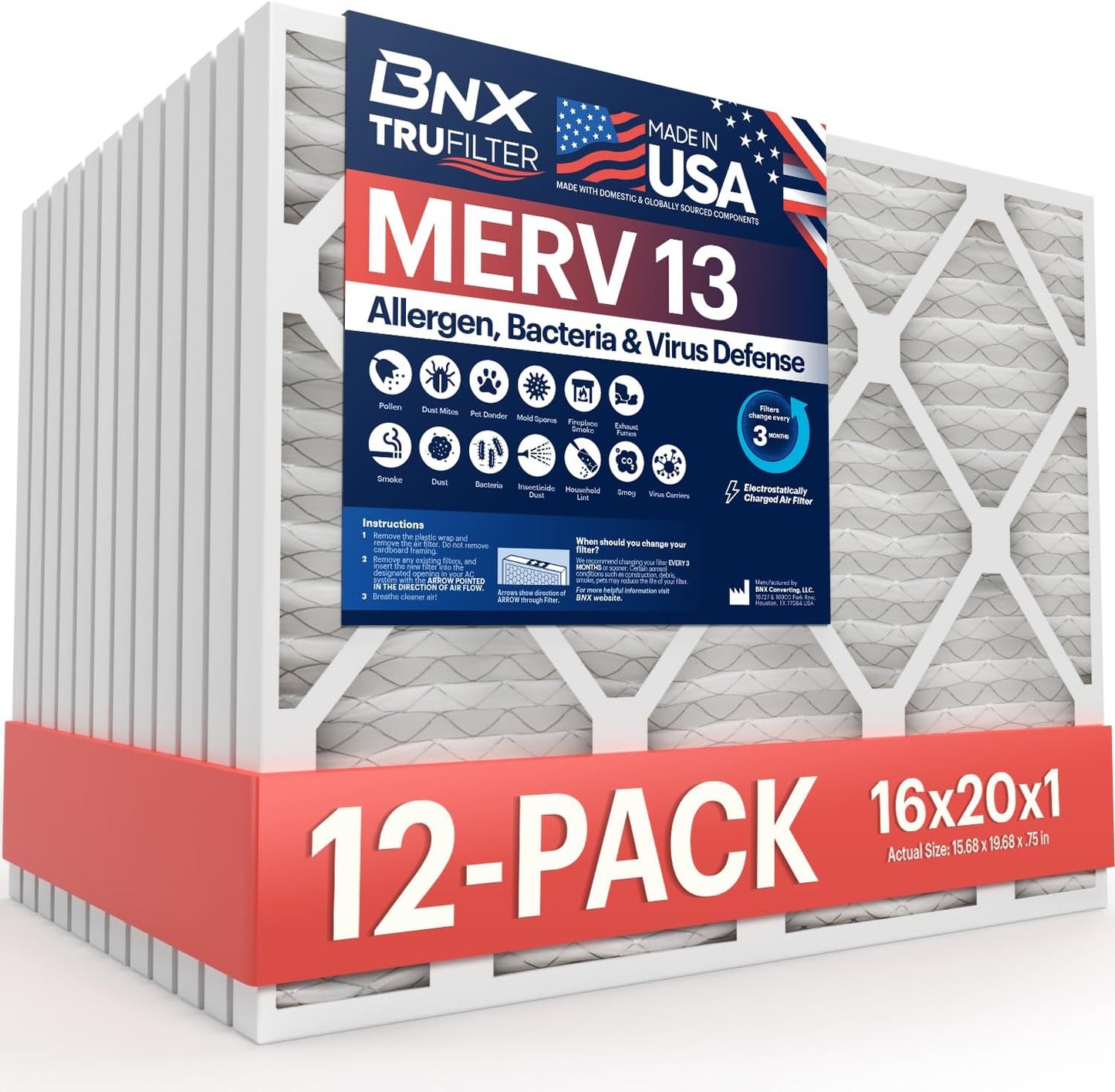 BNX TruFilter 16x20x1 MERV 13 (12-Pack) AC Furnace Air Filter - MADE IN USA - Electrostatic Pleated