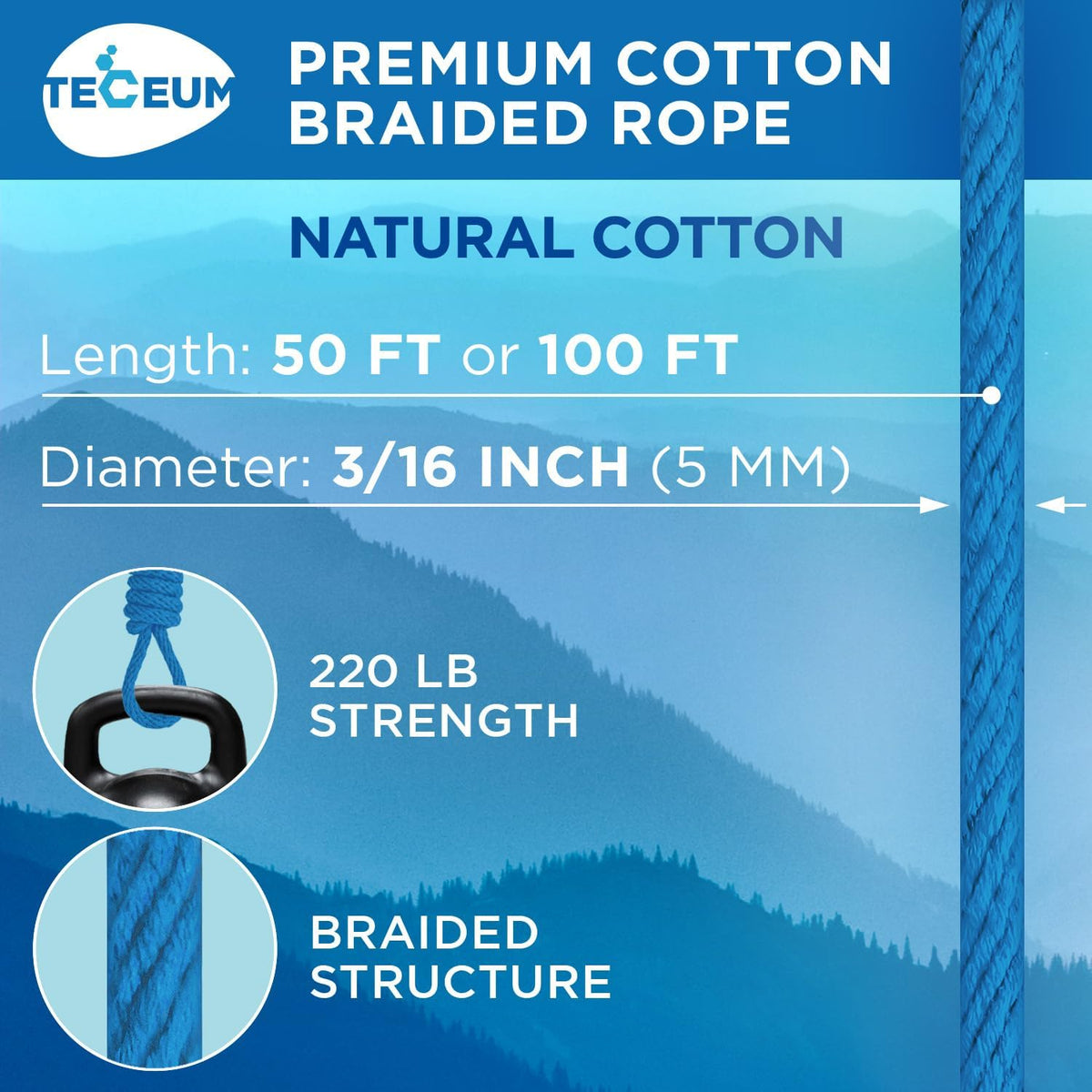 TECEUM Cotton Rope 3/16” (5 mm) – 100 FT – Strong All-Purpose Braided Rope – Natural Cotton – for