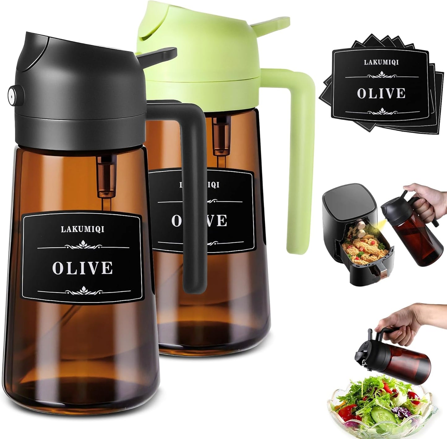2-in-1 Glass Oil Dispenser & Sprayer - 16oz/470ml Leakproof Bottle for Cooking, Air Fryer, BBQ