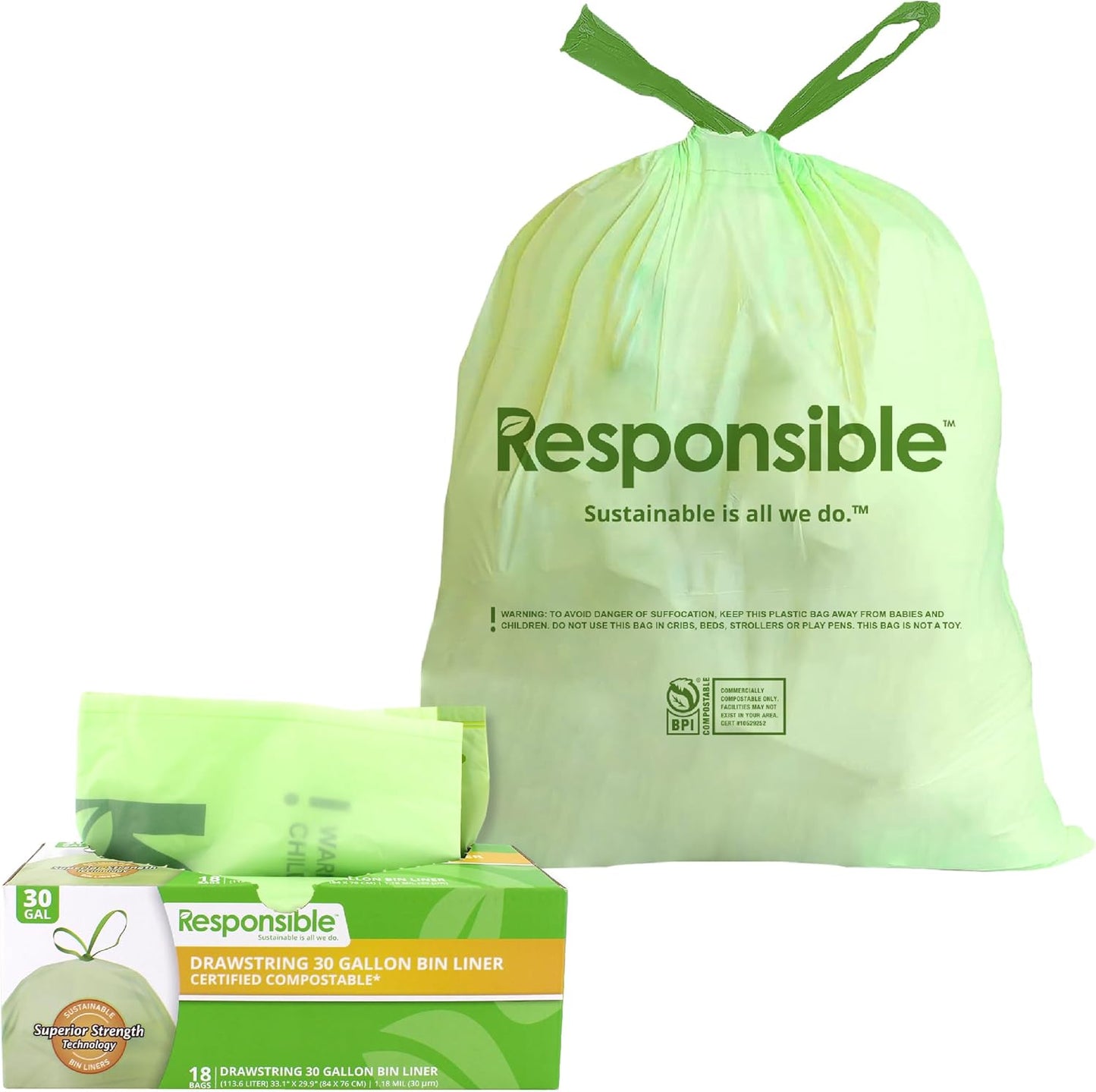 Responsible Products Kitchen Bin Liners, Certified Compostable, Heavy Duty Multipurpose Food Scrap