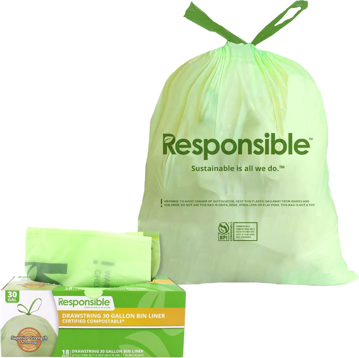 Responsible Products Kitchen Bin Liners, Certified Compostable, Heavy Duty Multipurpose Food Scrap