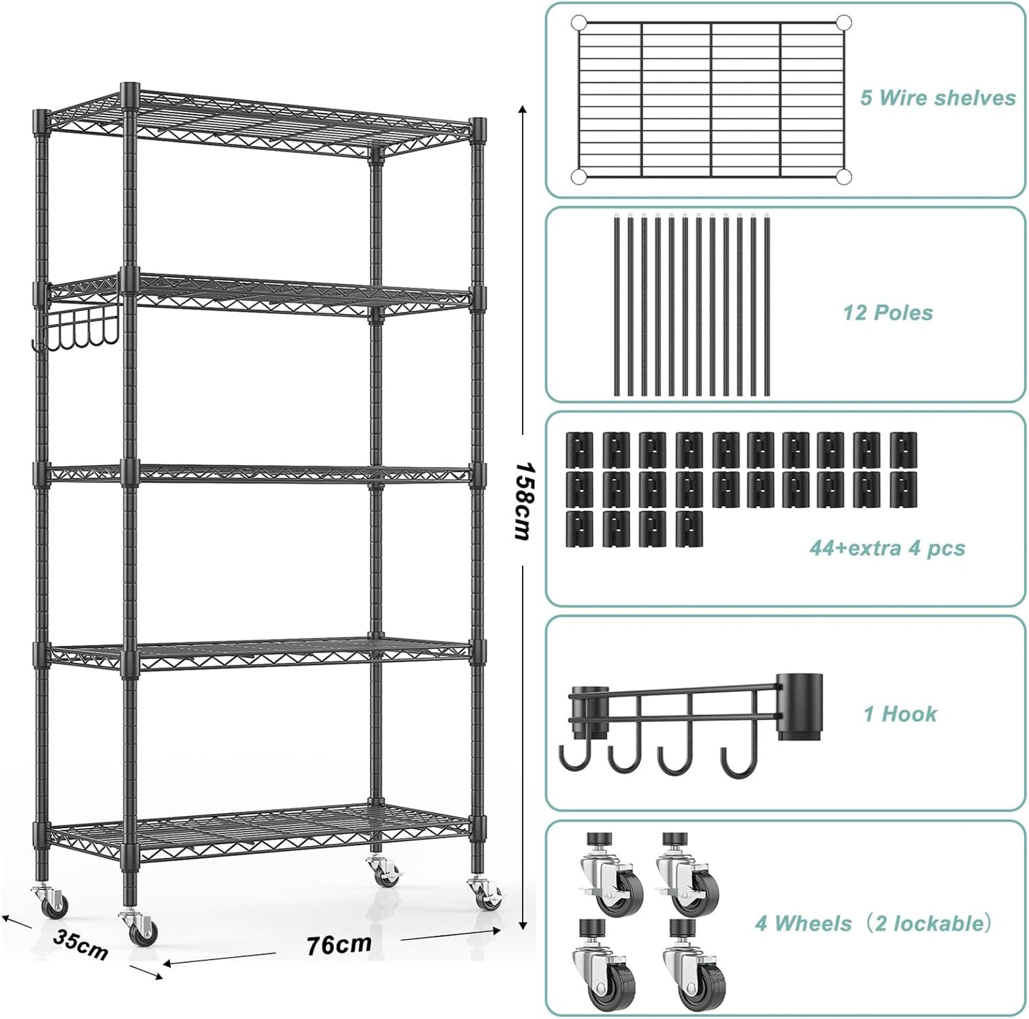 Himimi 5-Tier Storage Shelf Wire Shelving Unit on Wheels Heavy Duty Metal Shelves Adjustable Steel