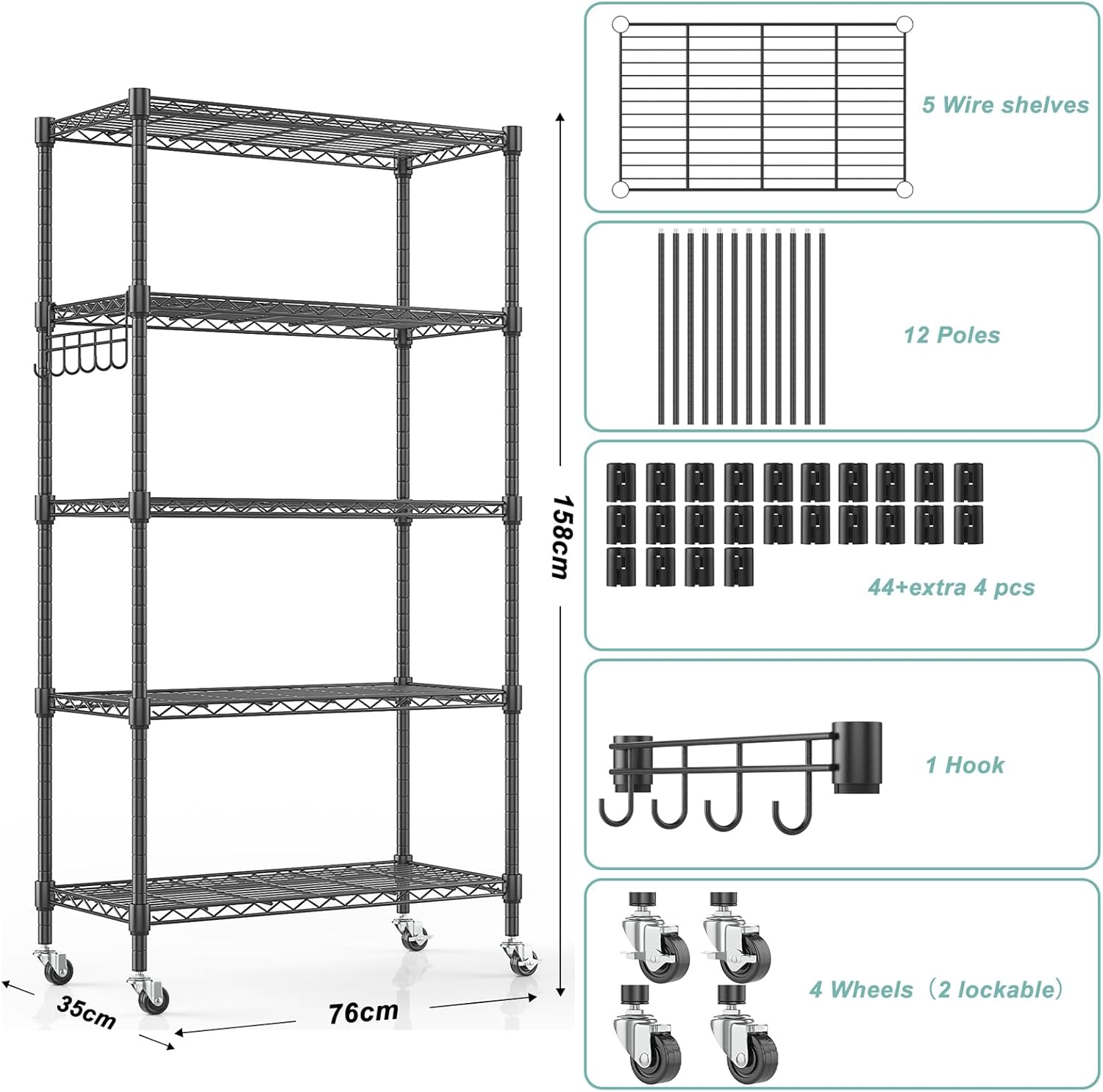 Himimi 5-Tier Storage Shelf Wire Shelving Unit on Wheels Heavy Duty Metal Shelves Adjustable Steel