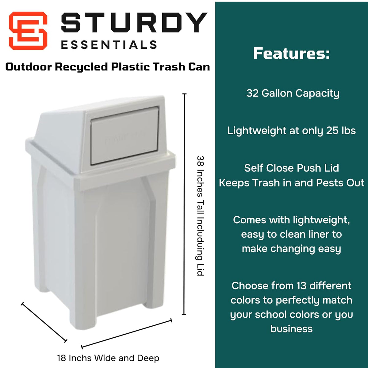 32 Gallon Square 100% Recycled Plastic Heavy Duty Outdoor Trash Can with Push Lid - Great for
