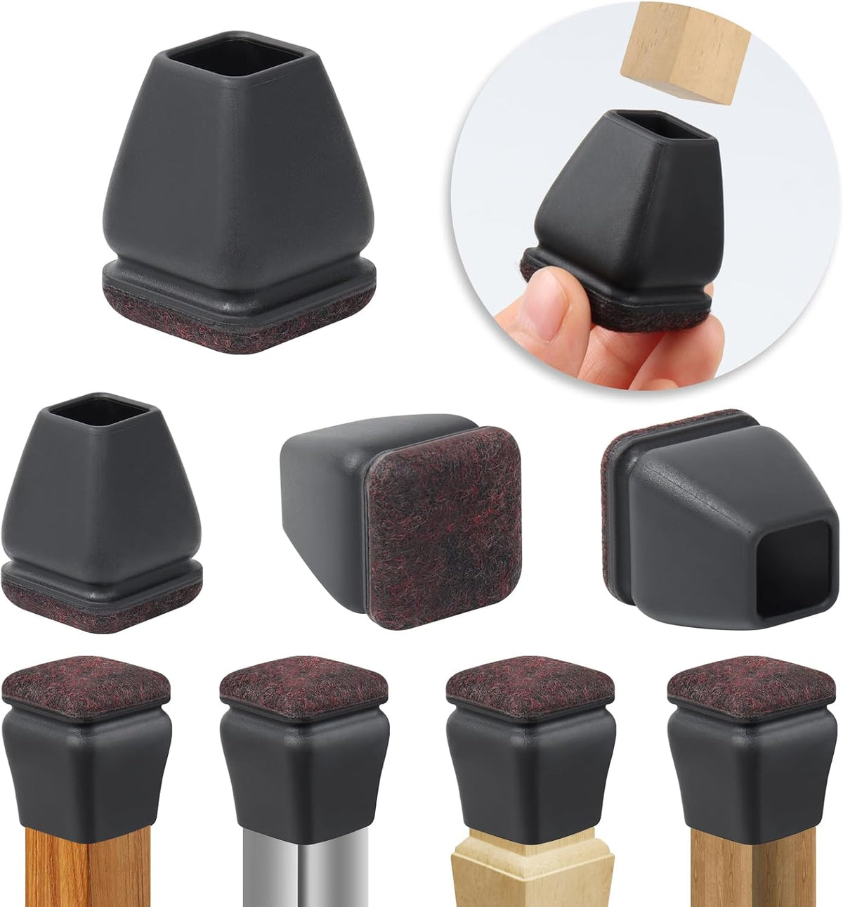 Ezprotekt 24 Pcs Small Square Silicone Chair Leg Floor Protectors for Wood Floors, Felt Furniture