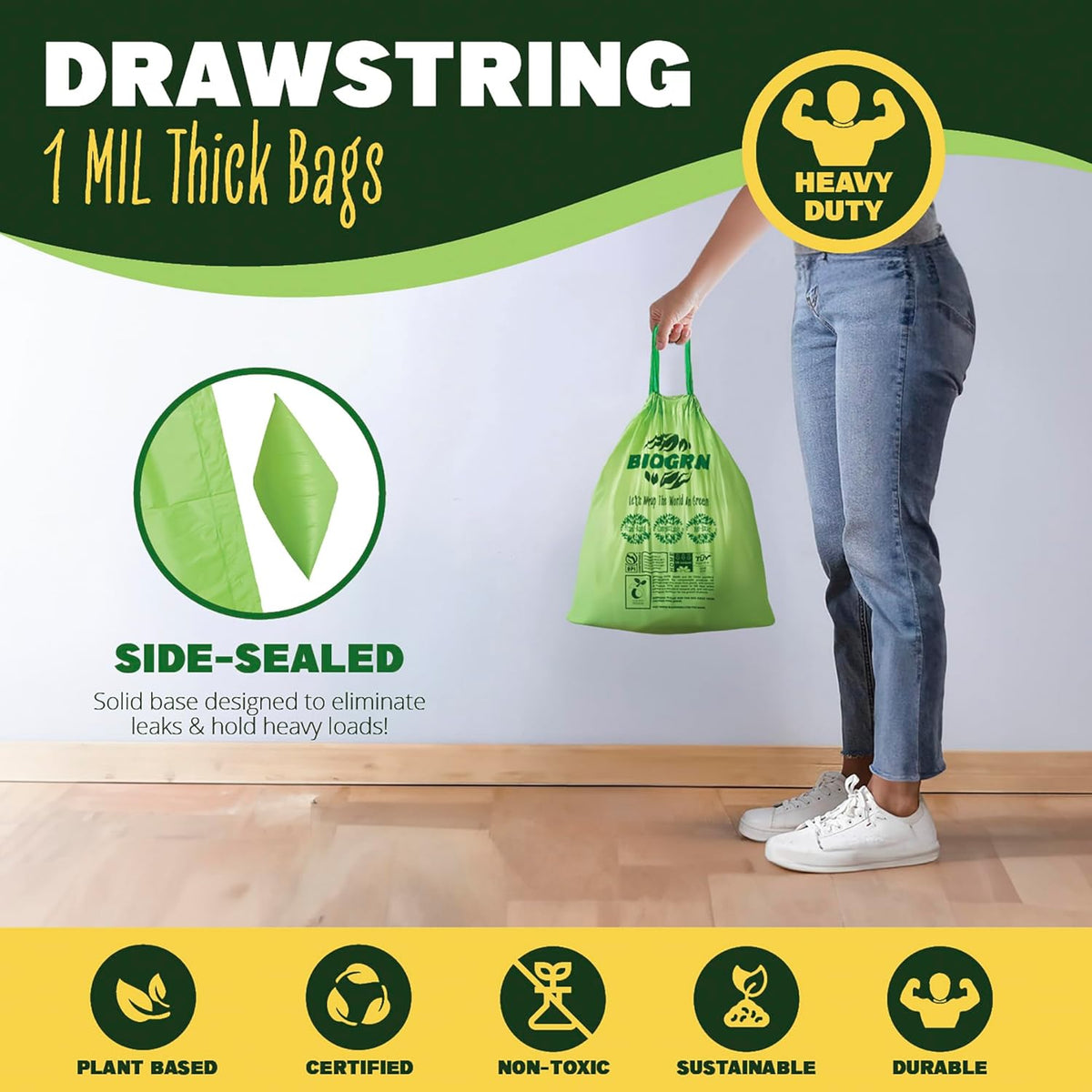 2.6-3 Gallon Compostable Trash Bags Drawstring 50 Bags Extra Thick 1 Mil 11.36 Liter Small