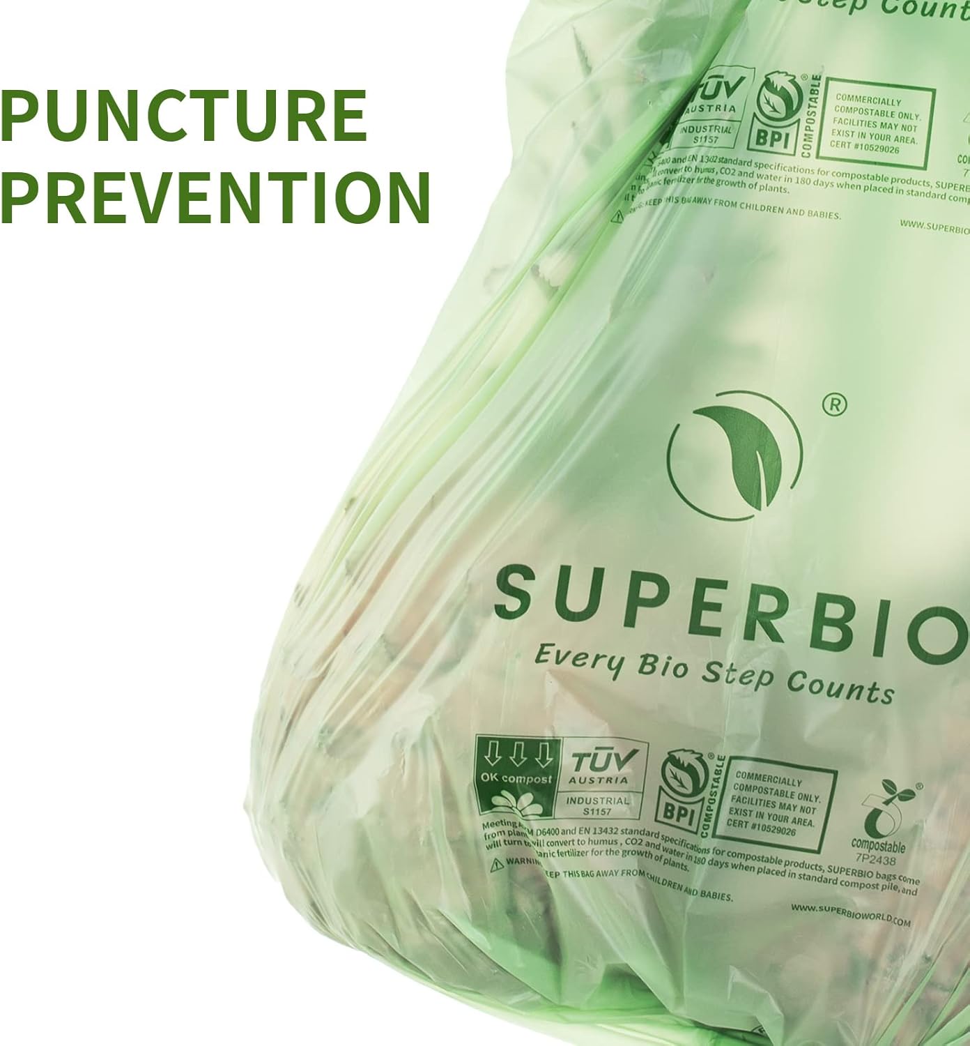 SUPERBIO 3 Gallon Compostable Food Waste Bags, 80 Count, Food Scrap Bags with Handles, ASTM D6400