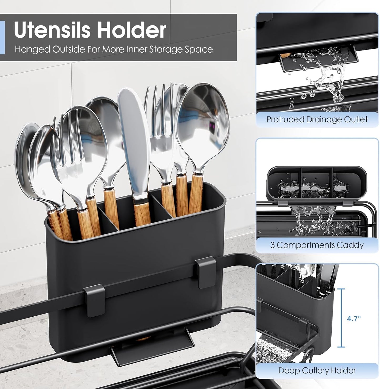Dish Drainers for Kitchen Counter - Large Capacity Dish Drying Rack with Drainboard, Rustproof &