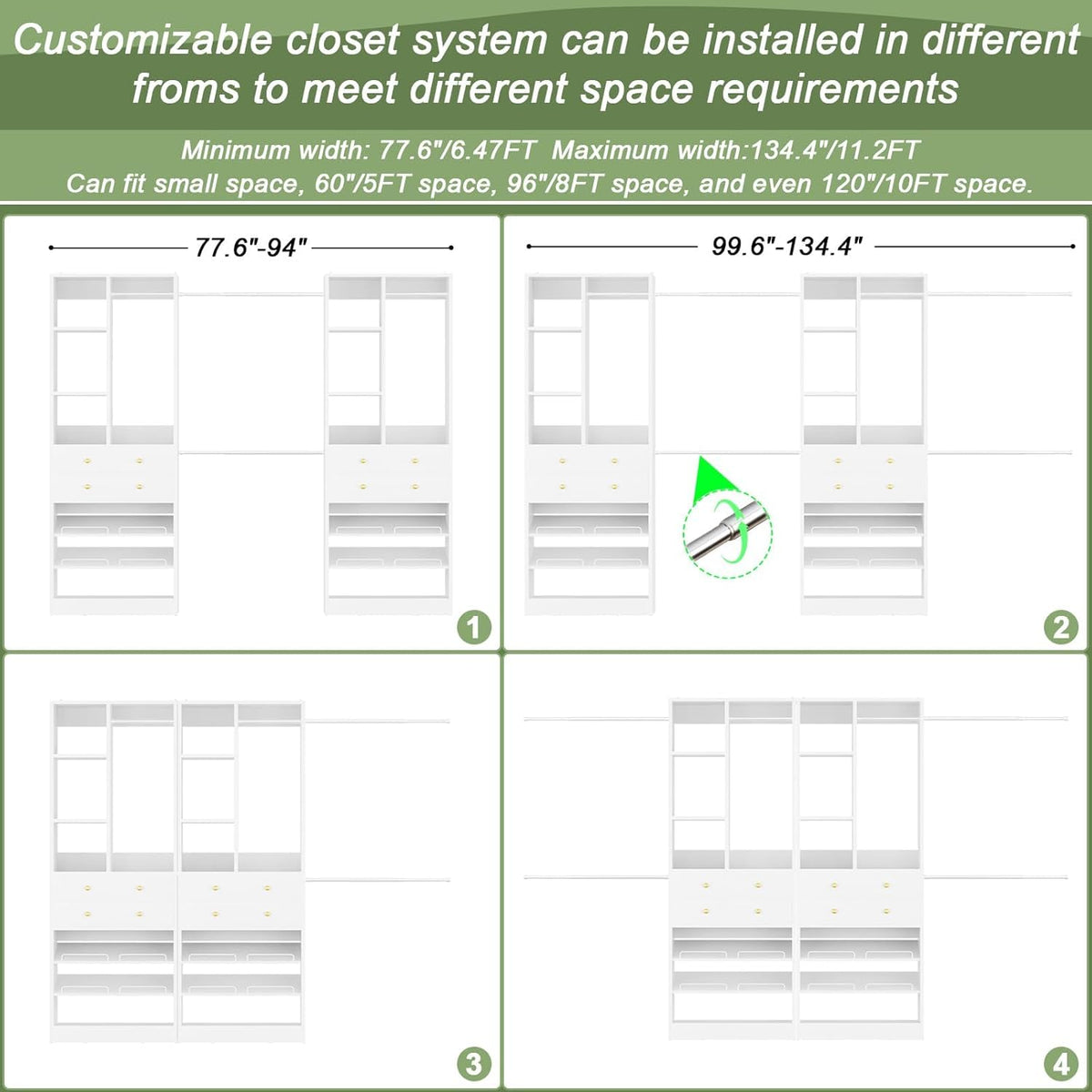 Closet System, Up to 134"/11.2 FT Closet Organizer with 4 Wooden Drawers and Shelves, Walk-in