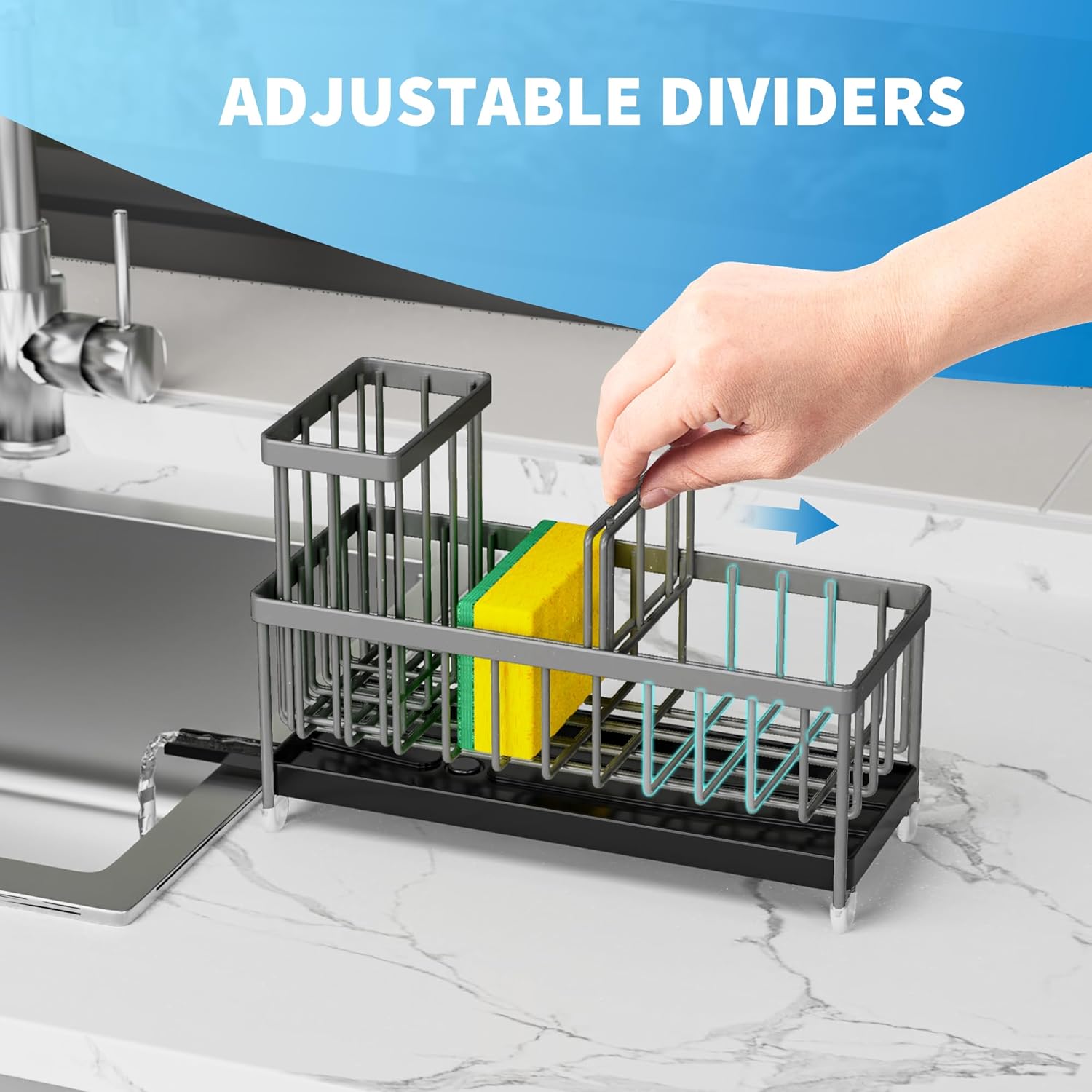 Cisily Charcoal Gray Sponge Holder for Kitchen Sink, Sink Caddy Organizer with High Brush Holder
