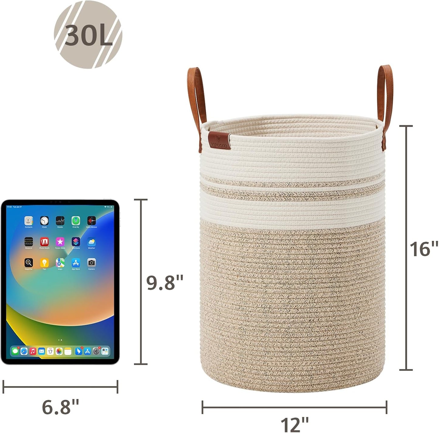 VIPOSCO Small Laundry Basket, Slim Baby Hamper with Leather Handle, Cute Woven Rope Storage Basket