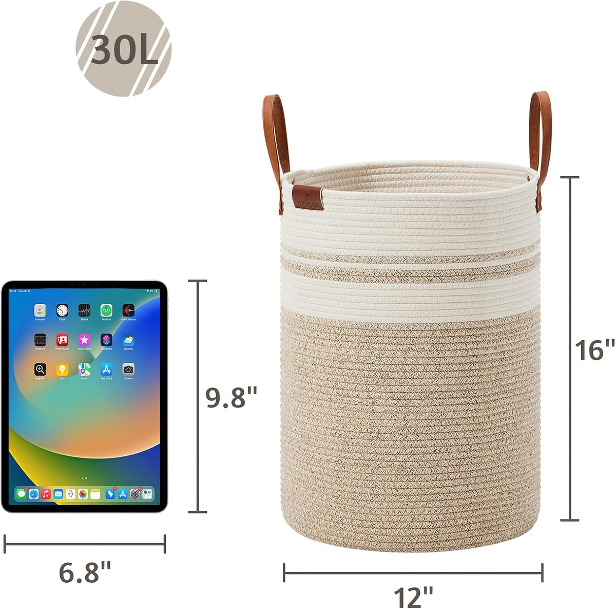VIPOSCO Small Laundry Basket, Slim Baby Hamper with Leather Handle, Cute Woven Rope Storage Basket