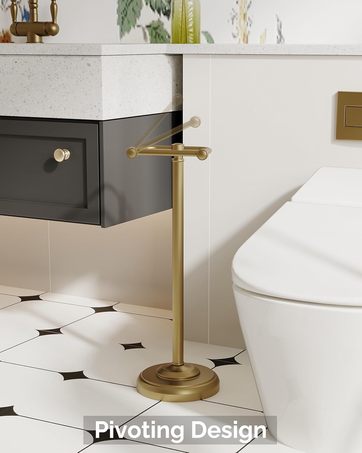 Toilet Paper Holder Stand, Brushed Brass Toilet Paper Holder Free Standing, Post Pivoting Design &