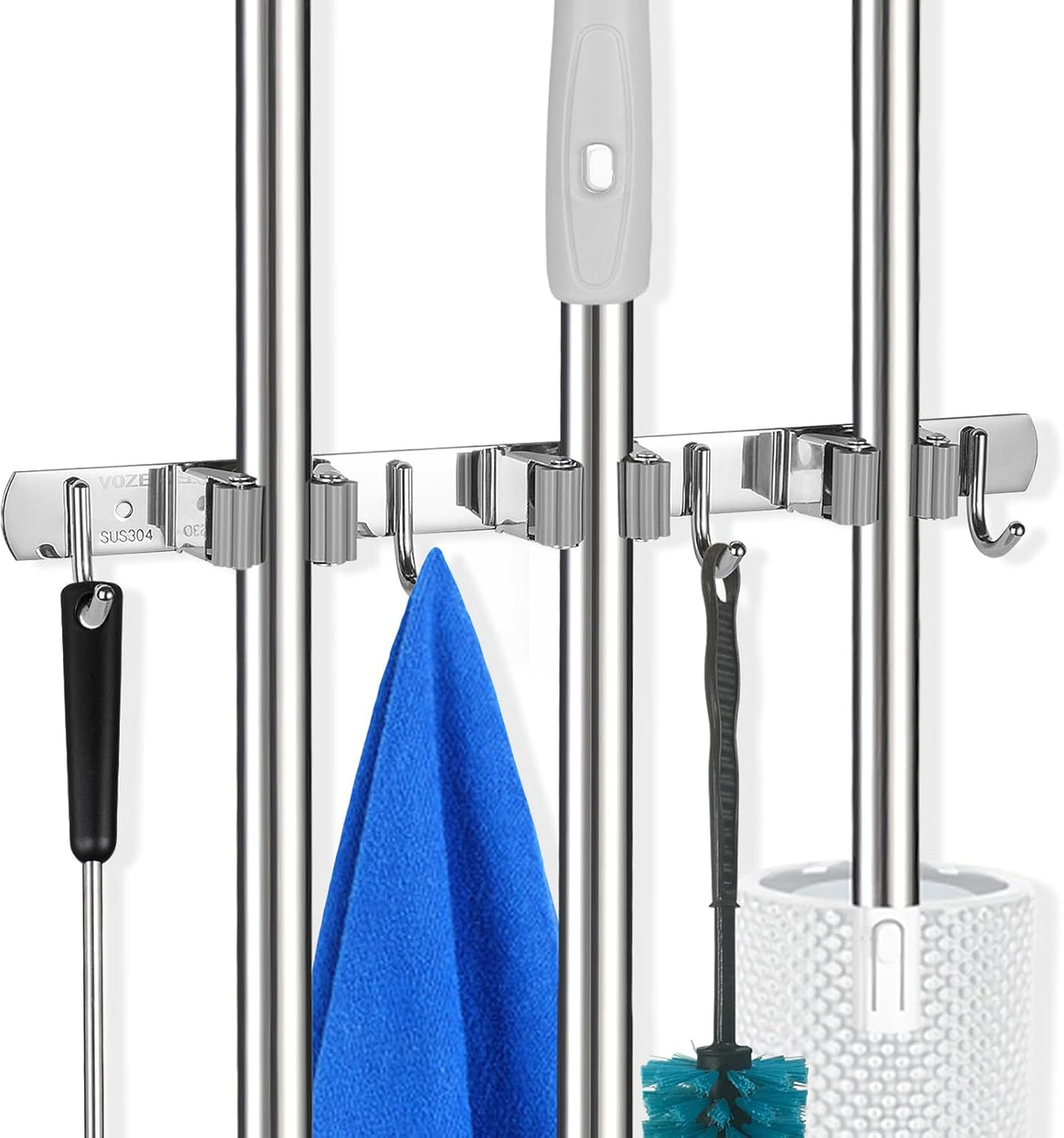 voze 3 Racks and 4 Hooks Mop and Broom Holder Wall Mount, Self Adhesive Heavy Duty Broom Organizer