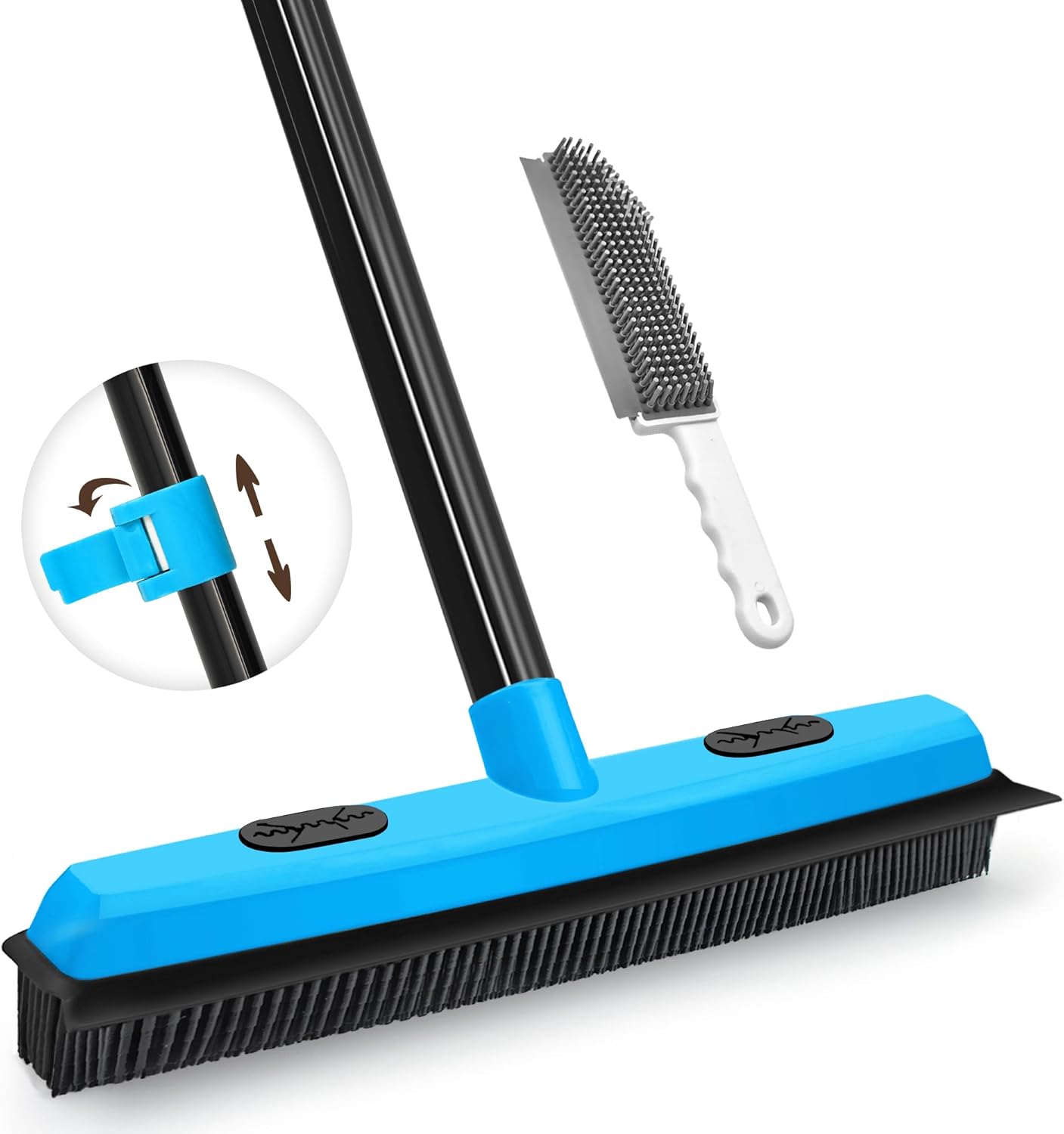JEHONN Rubber Broom Carpet Rake Brush for Pet Hair with Squeegee, 52.8 inches Long Handle Silicone