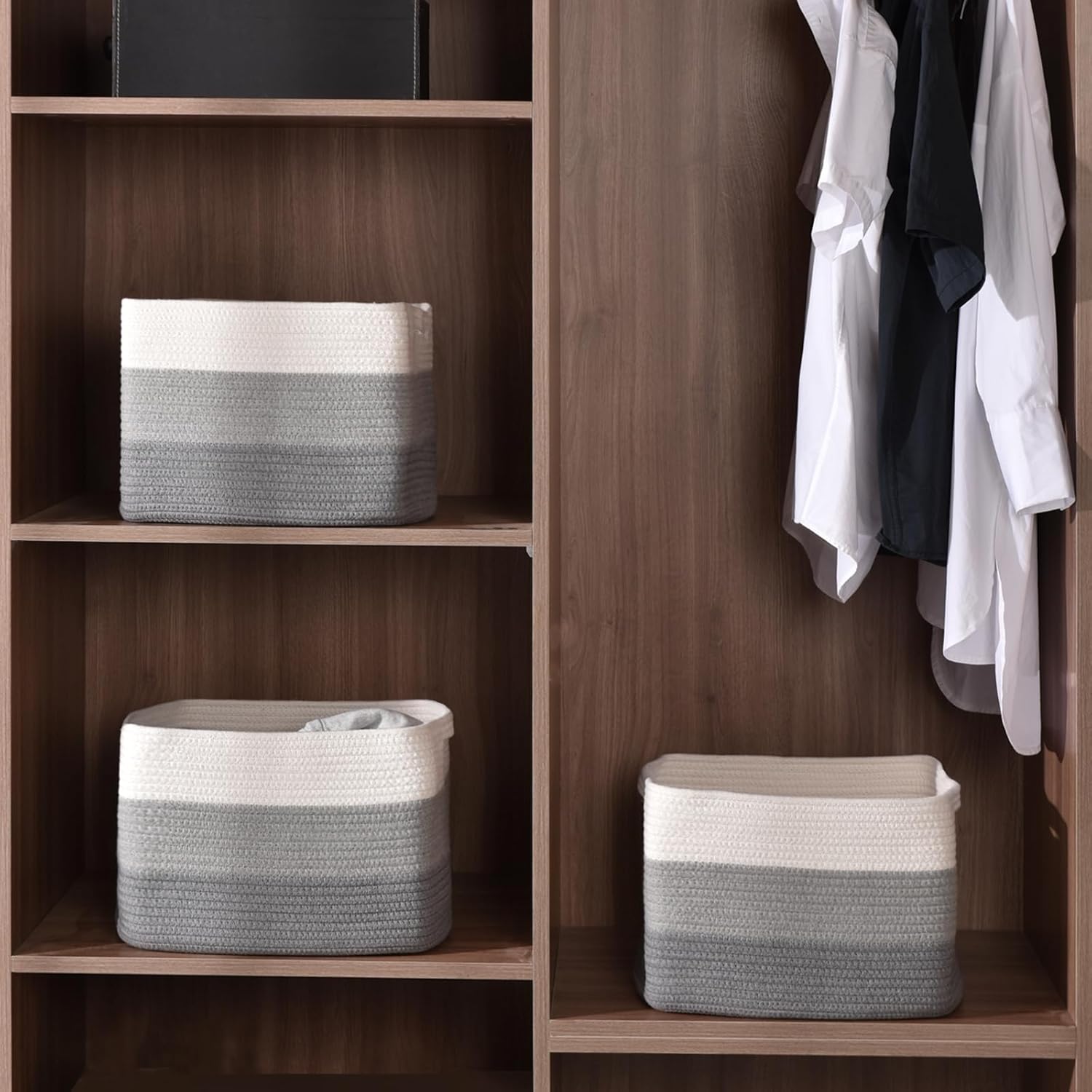 Storage Baskets for Organizing Shelves, Woven Cotton Rope Baskets for Storage Books Towels Toys