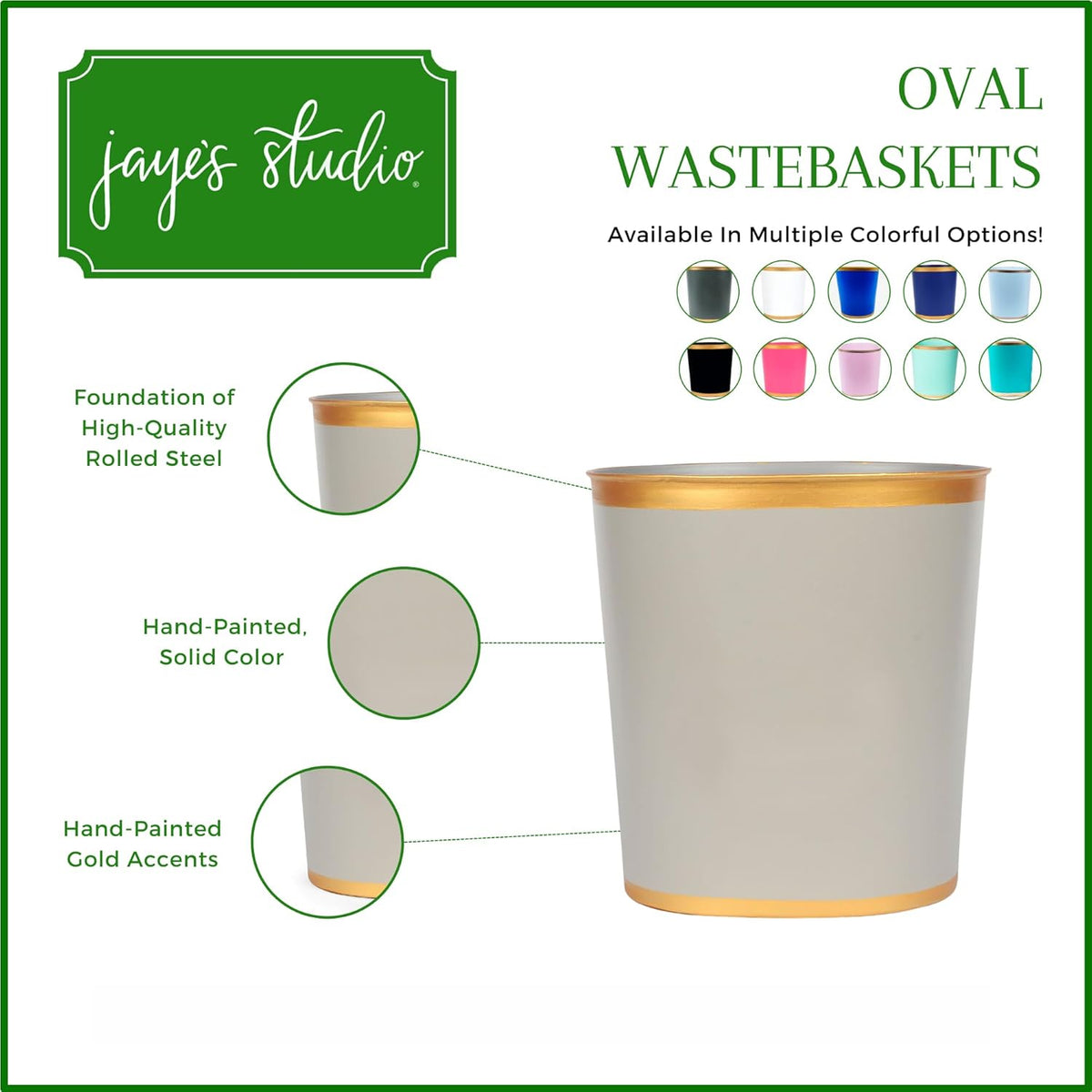 Jaye's Studio Mattie Oval Waste Basket for Bathroom Decorative, Gold Trim & Finish, Hand-Painted